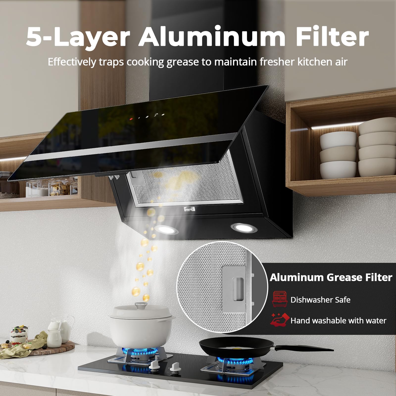 SNDOAS 60cm Angled Cooker Hood, 450 m³/h Kitchen Extractor Fan, A+++ Range Hood, Recirculating & Ducting Modes with Carbon Filters, Black Glass Touch Control with 3 Speed + Booster — view 7