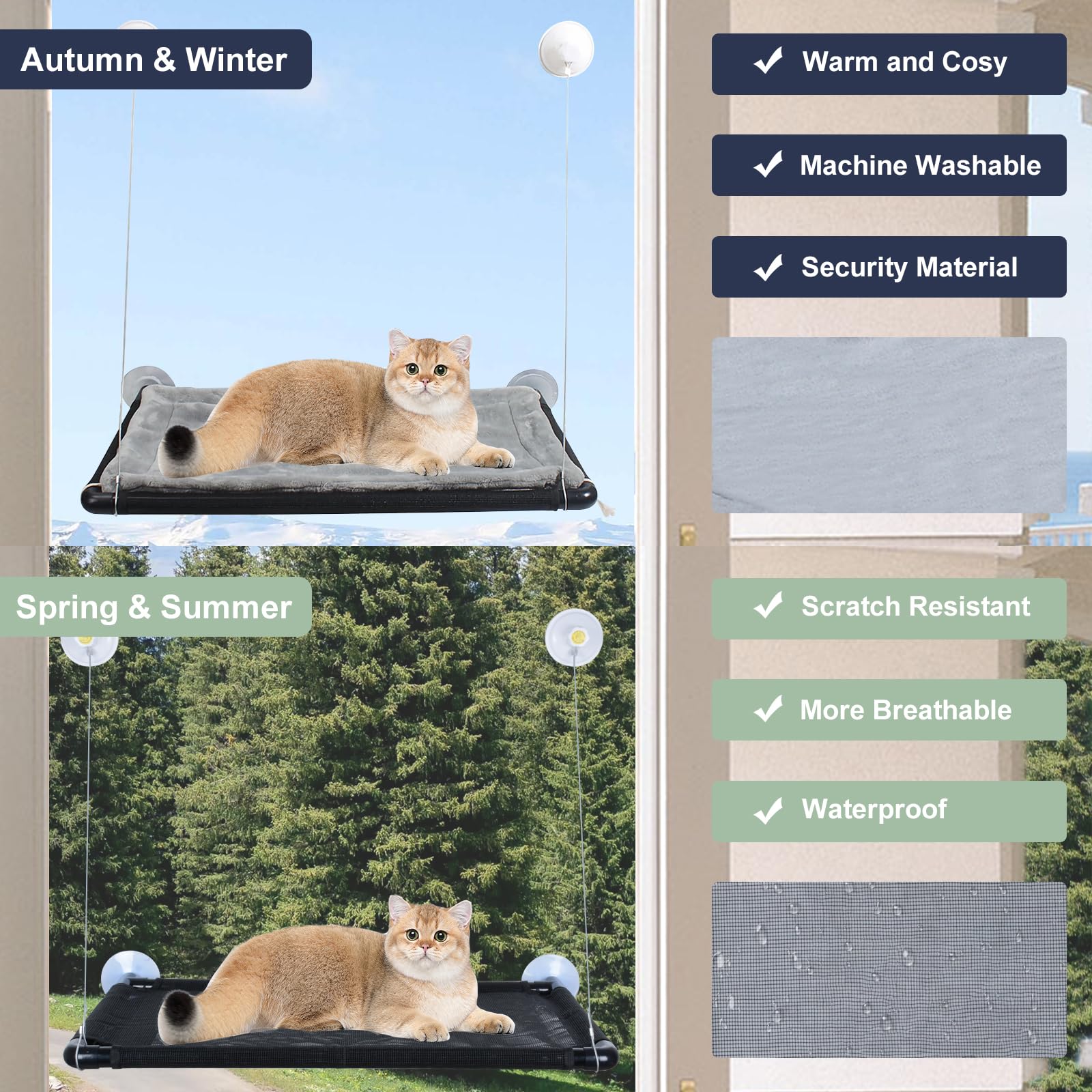 Amaca Da Finestra Per Gatti Pieghevole - Fino A 20kg, Con Ventose, Grigio 50x38cm - Foto 8