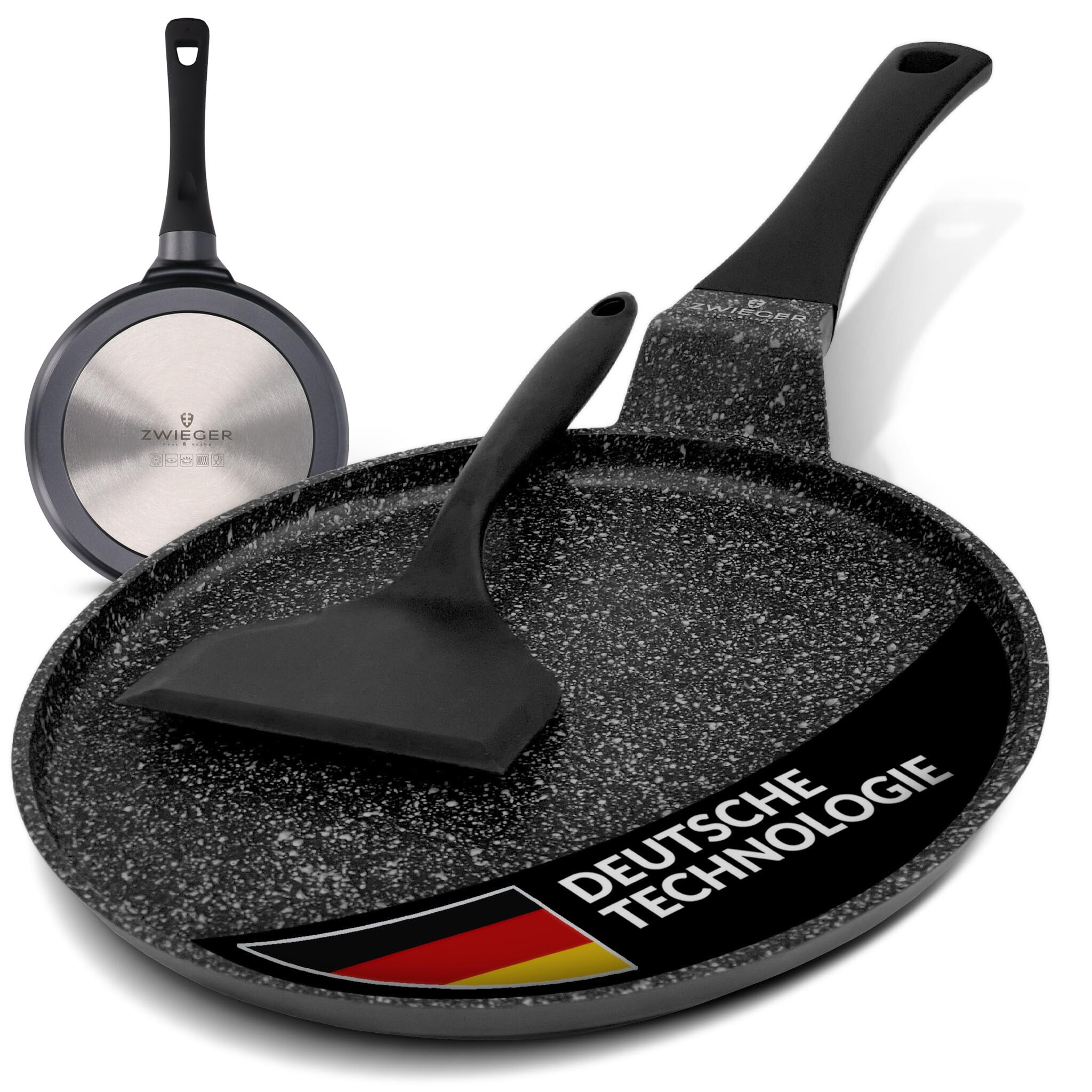 ZWIEGER Crepe Pfanne mit Teighelfer – Beschichtete Pancake Pfanne Induktion 26 cm, Spülmaschinenfeste Pfannkuchenpfanne – Vollflächiger Edelstahlboden, für alle Herdarten geeignet – PFOA- & PFOS-frei