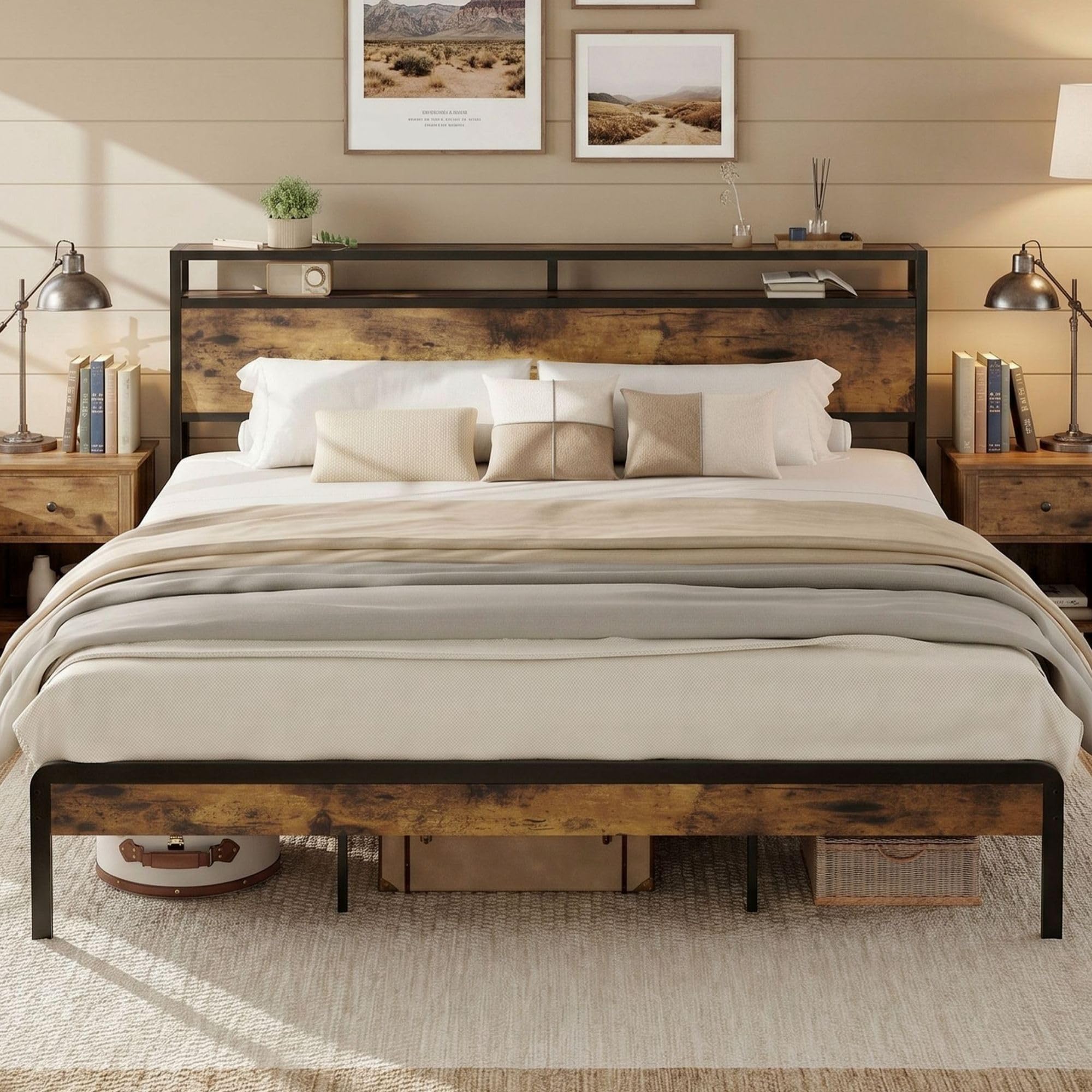 LIKIMIO California King Bed Frames with 2-Tier Storage Shelf Headboard