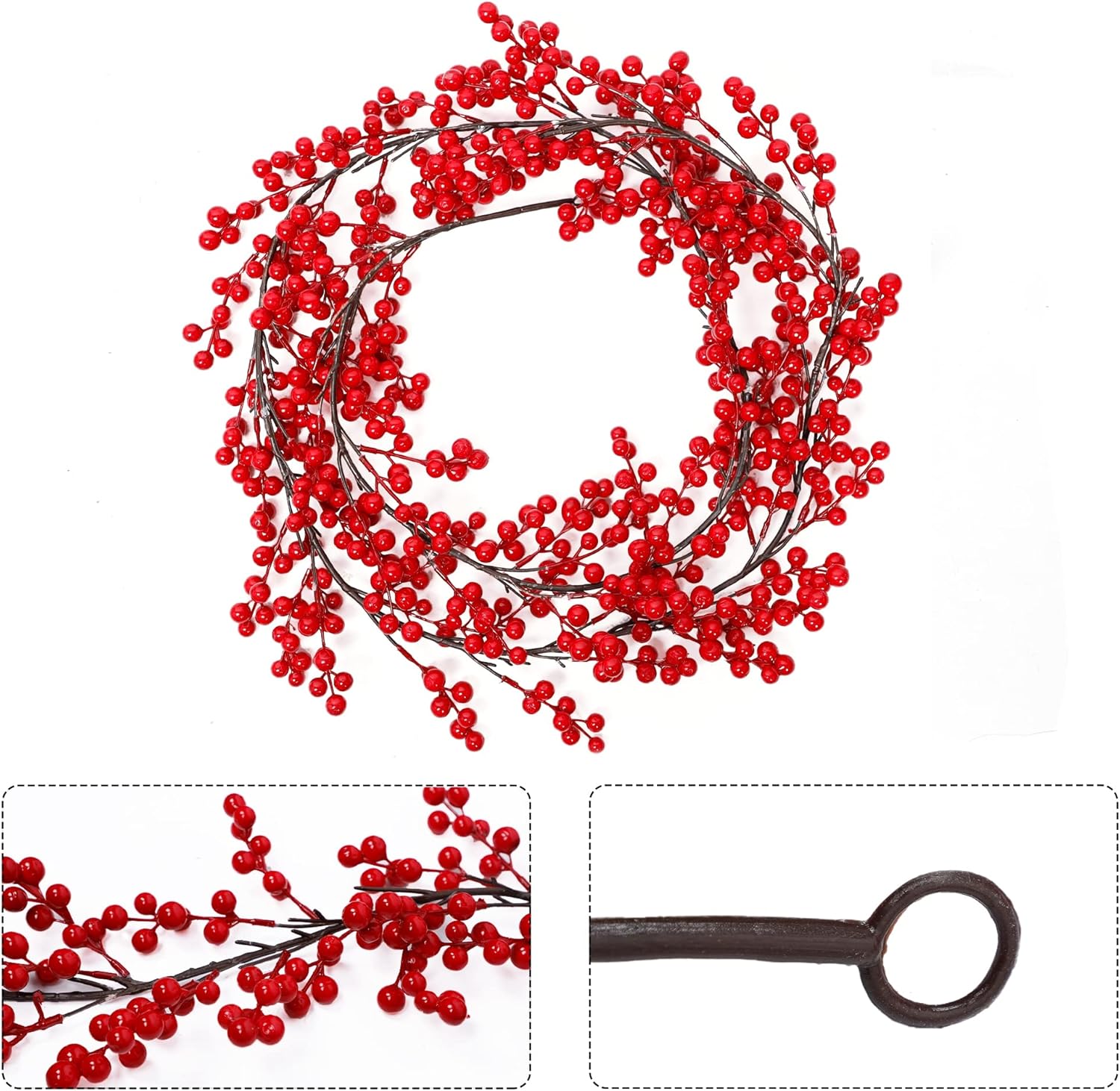 Lulu Home Red Berry Garland, 8.9FT Flexible Artificial Christmas Holly Berry Vine, Winter Berry Garland for Mantle Xmas Tree Window Door Hanging Indoor Outdoor Holiday Decoration (1) - Image 3