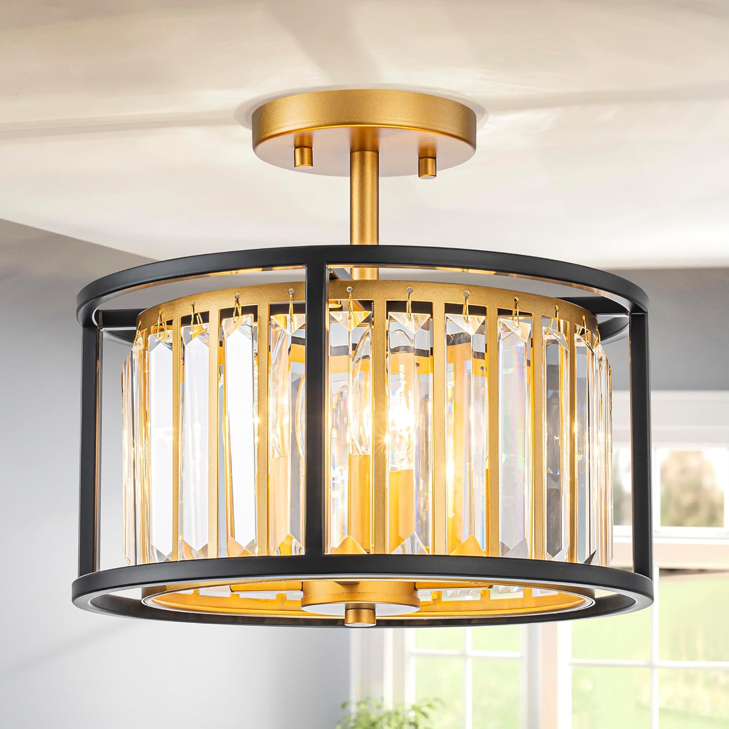 3-Light K9 Crystal Drum Ceiling Lights, Modern Style Semi-Flushmount Light Fixture for Dining Room, Living Room, D12 * H10 inch, Clear Crystal, Gold & Black Finish Frame