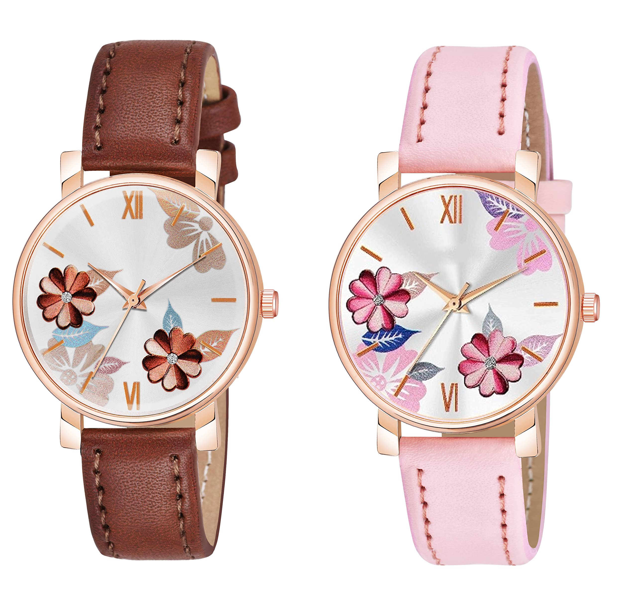 KIARVI GALLERY Analogue Flowered Dial Unique Designer Leather Strap Womens and Girls Watch (Brown Pink RZ) (B0BHV81VG7) Amazon Price History, Amazon Price Tracker