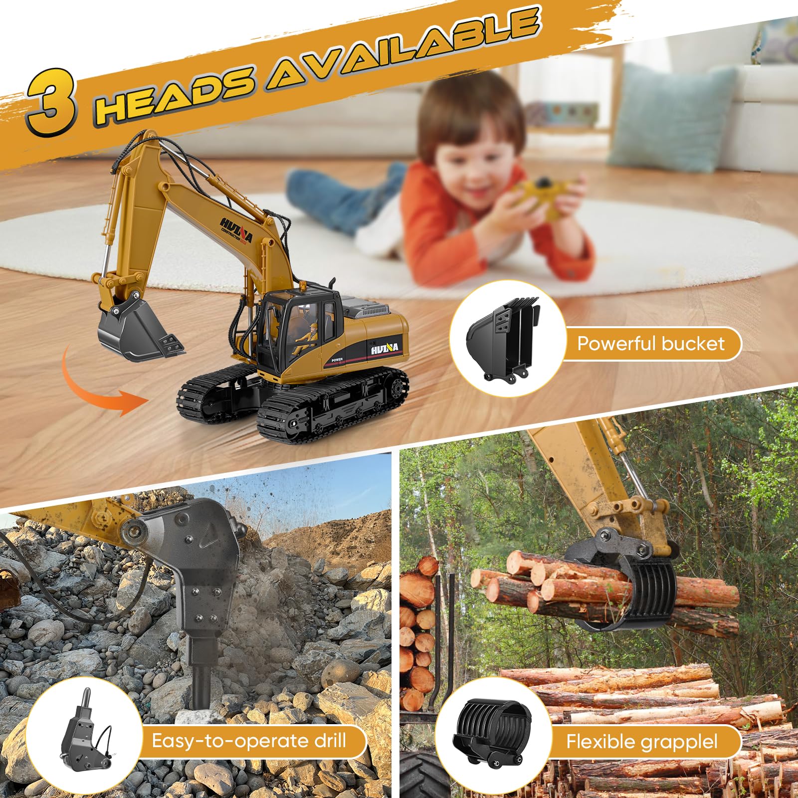 Escavatore Radiocomandato per Bambini,1:14 Escavatore RC 22 canali Telecomando Dell'escavatore con luce e suono,trattore per veicoli telecomandati con pala per trapano in lega di alluminio