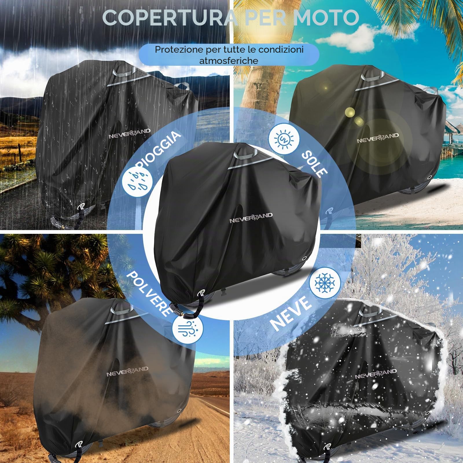 Telo Coprimoto Impermeabile Oxford 420D NEVERLAND Telo Moto per esternoTeli per Moto Motorino Motociletta Scooter Copertura Motociclo Resistente a Polvere/Pioggia/Foglie 220 * 95 * 110CM