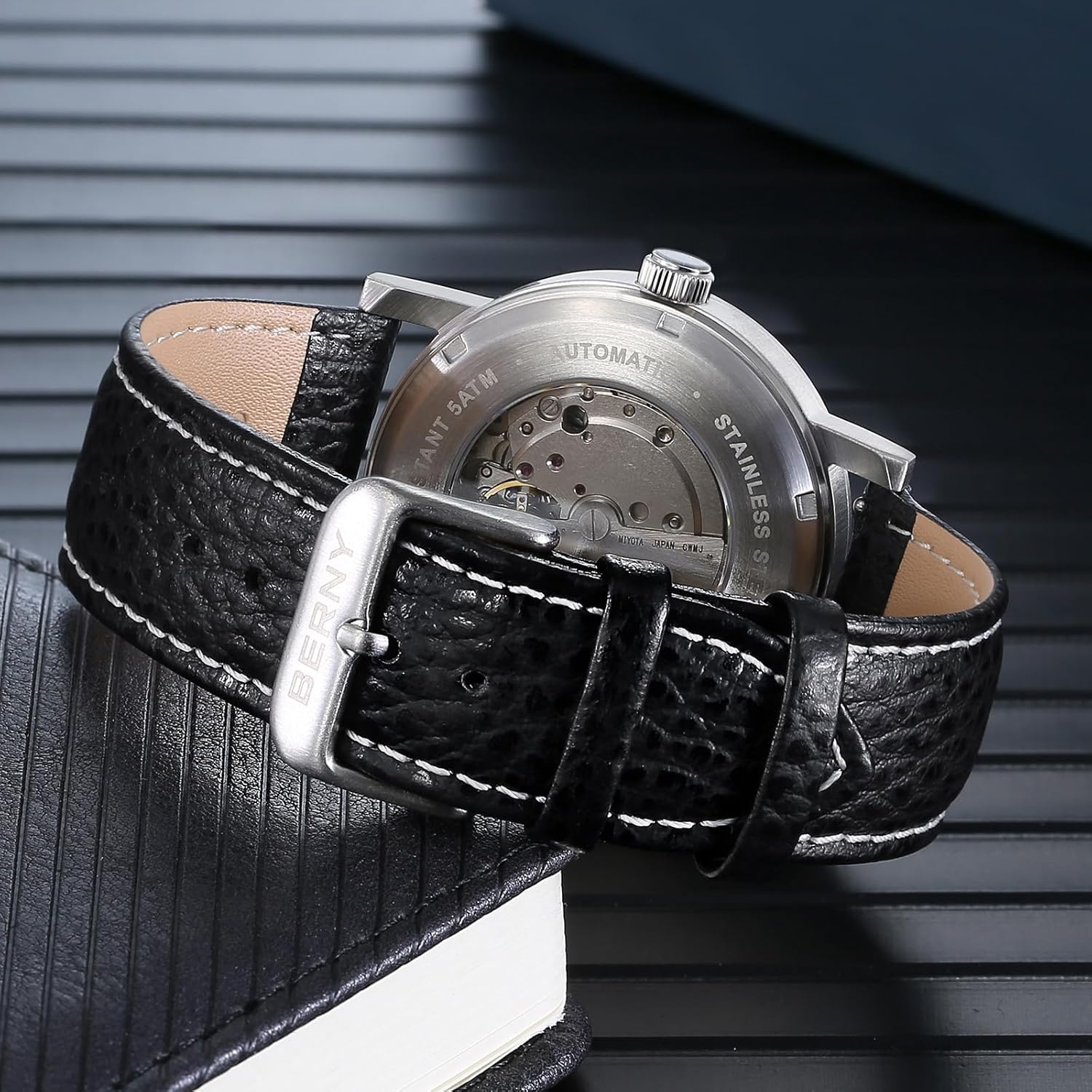 BERNY Classic Automatic Watch for Men Mechanical Self Wind Wristwatch MIYOTA 8215 Movement Stainless Steel Strap 5ATM Waterproof Full Luminous Dial Watches
