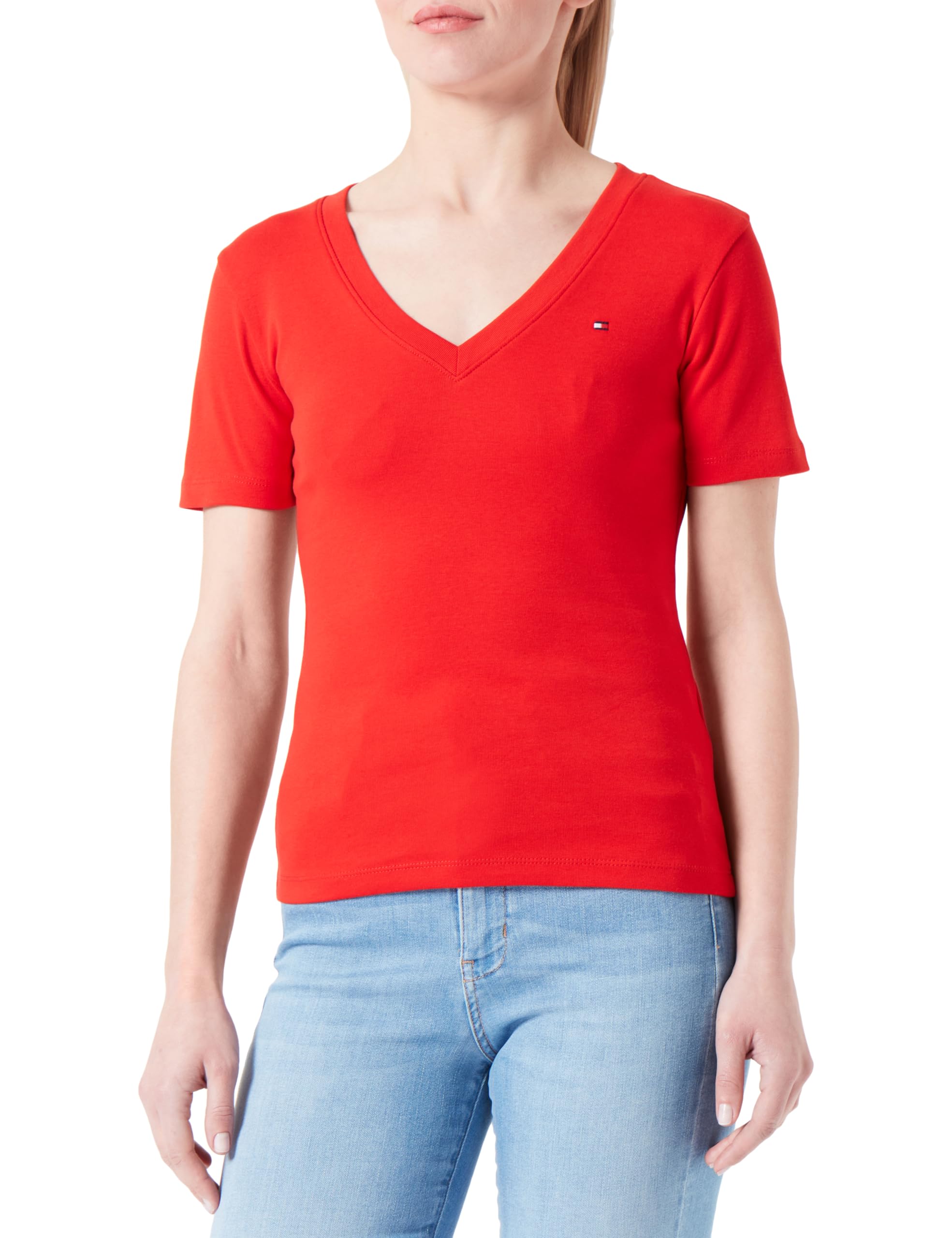 Tommy Hilfiger Camiseta de Manga para Mujer Corta New Slim Cody V-Neck con Cuello de Pico