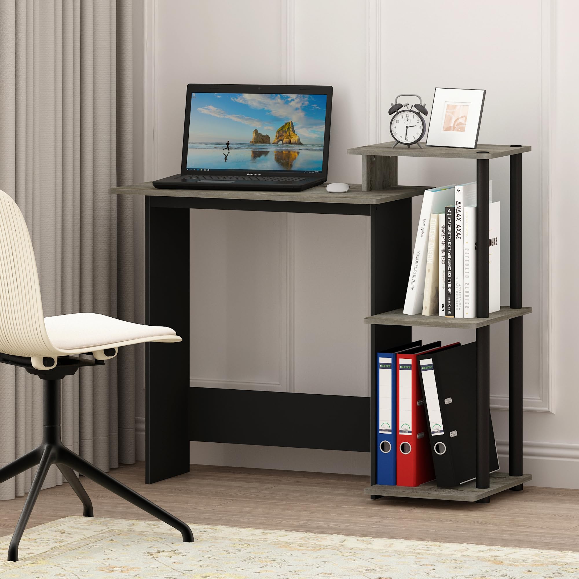 Furinno Efficient 29-Inch Grey Computer Desk with Side Shelves, Gaming Desk with 3 Open Shelves, Home Office Desk, for Home Office, Study Room, Dorm, Bedroom, Grey Oak/Black