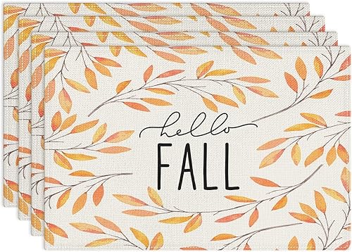 Juego de 4 manteles individuales de otoño y otoño con hojas amarillas de 12 x 18 pulgadas, juego de 4 manteles individuales lavables para cocina,