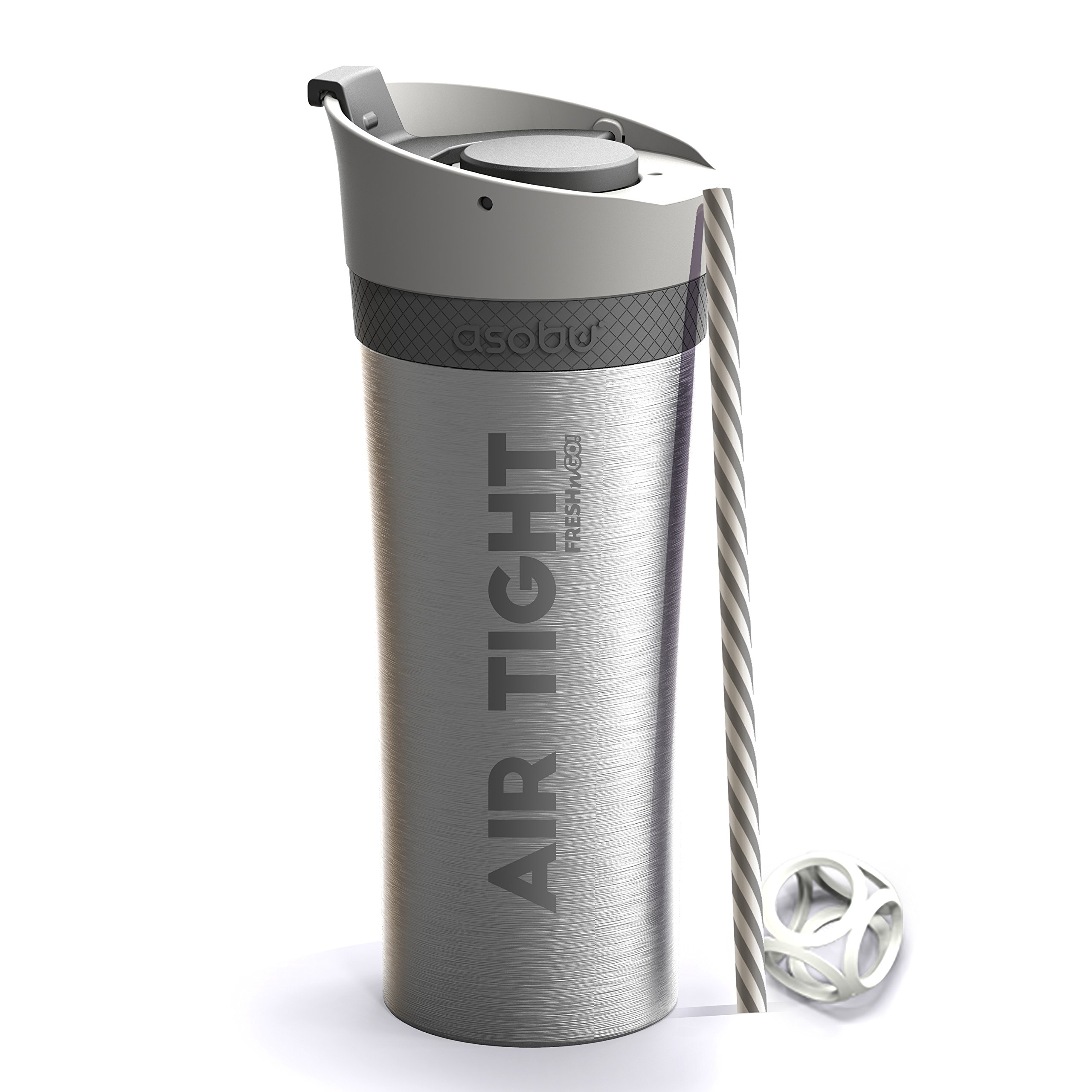 asobuFresh N Go - Double Wall Tumbler Bottle with Built in Pump to Vacuum Insulate Smoothies (Silver)