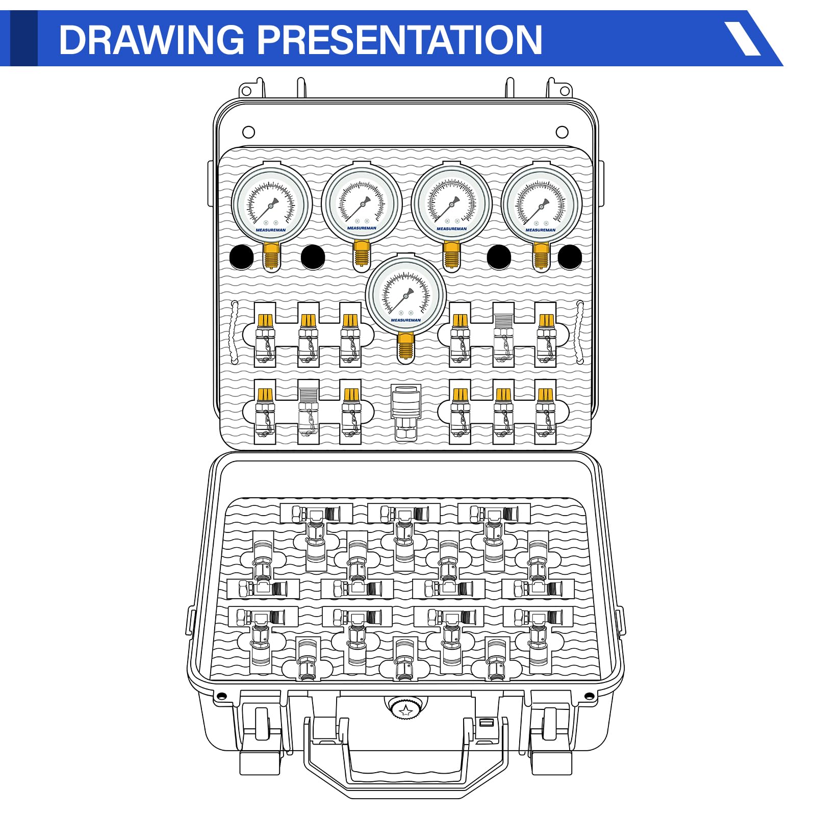 Kit per test pressione idraulica con 5 manometri (10/100/280/400/600bar), 12 giunti di prova, 14 connettori a T, 5 tubi di prova, per escavatori e macchine edili