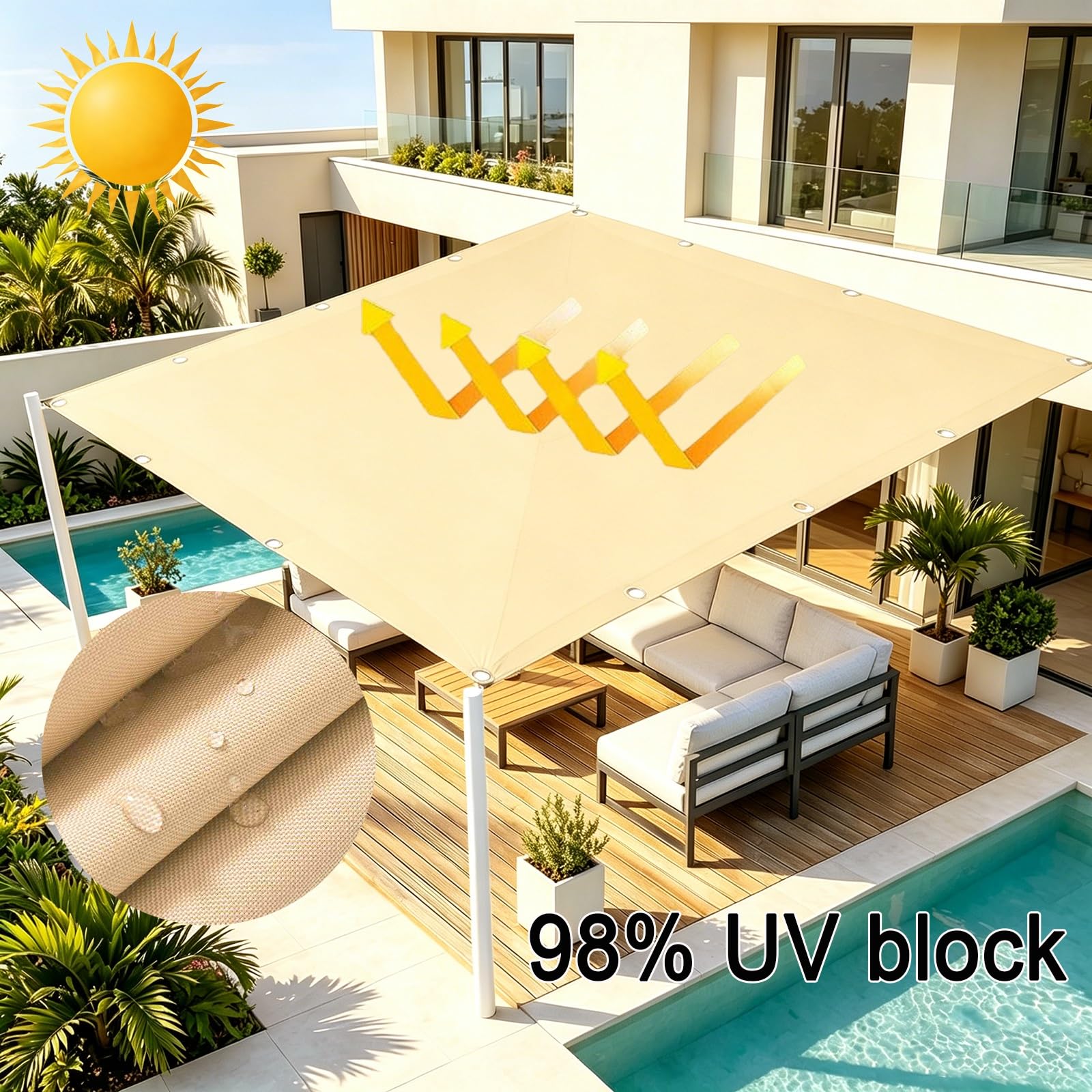 Vela Ombreggiante Impermeabile 120 x 190 cm Protezione Solare Respirante Anti UV Rettangolare Resistente Alle Intemperie Tenda Parasole Rettangolare per Giardino, Color Crema