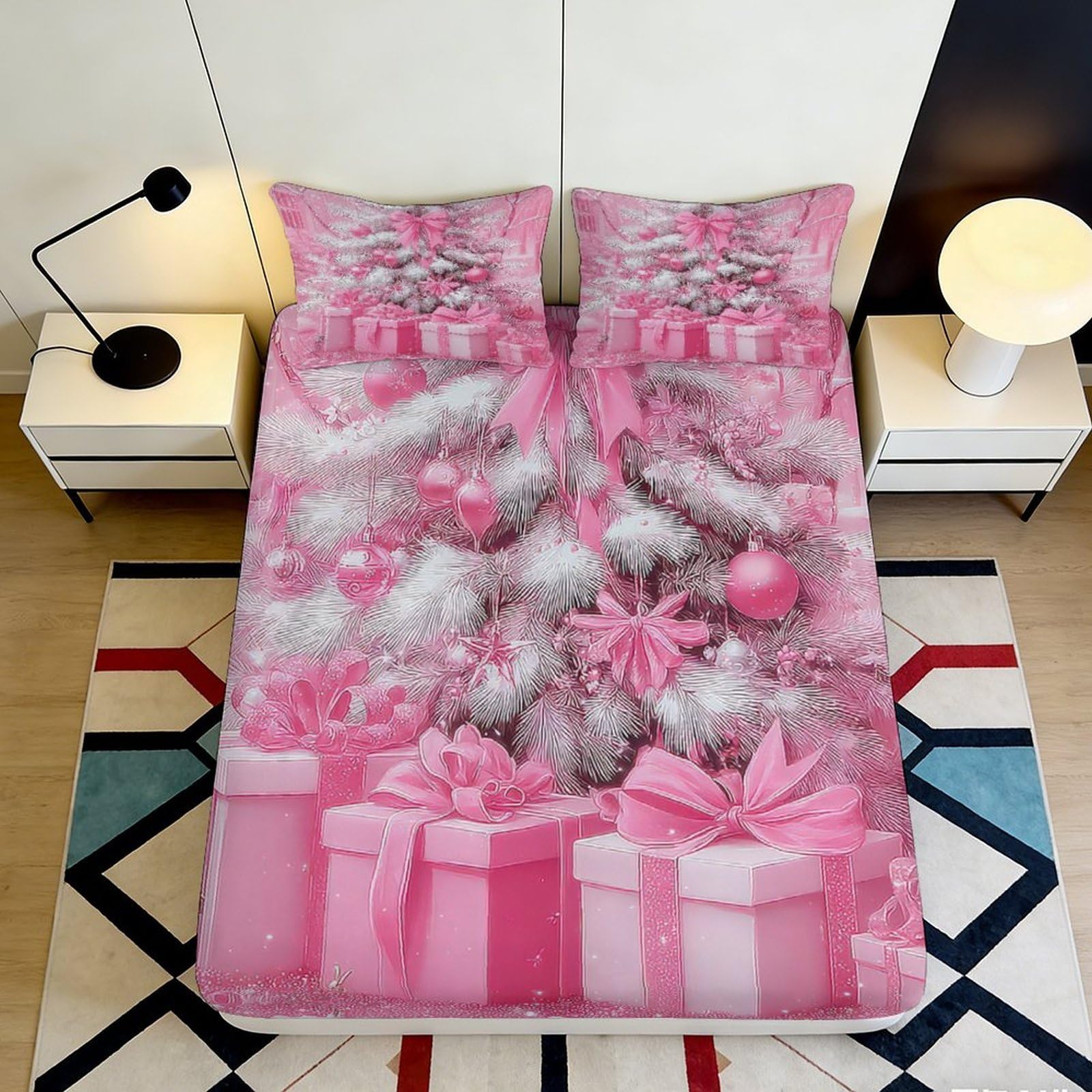 Uynsixtme Style-8 3D Printed Fitted Sheet Microfiber Deep Pocket Elastic Hem Bedroom Bedding Xmas Tree Mattress Fitted Cover Washable Non-Slip 200X200x25cm