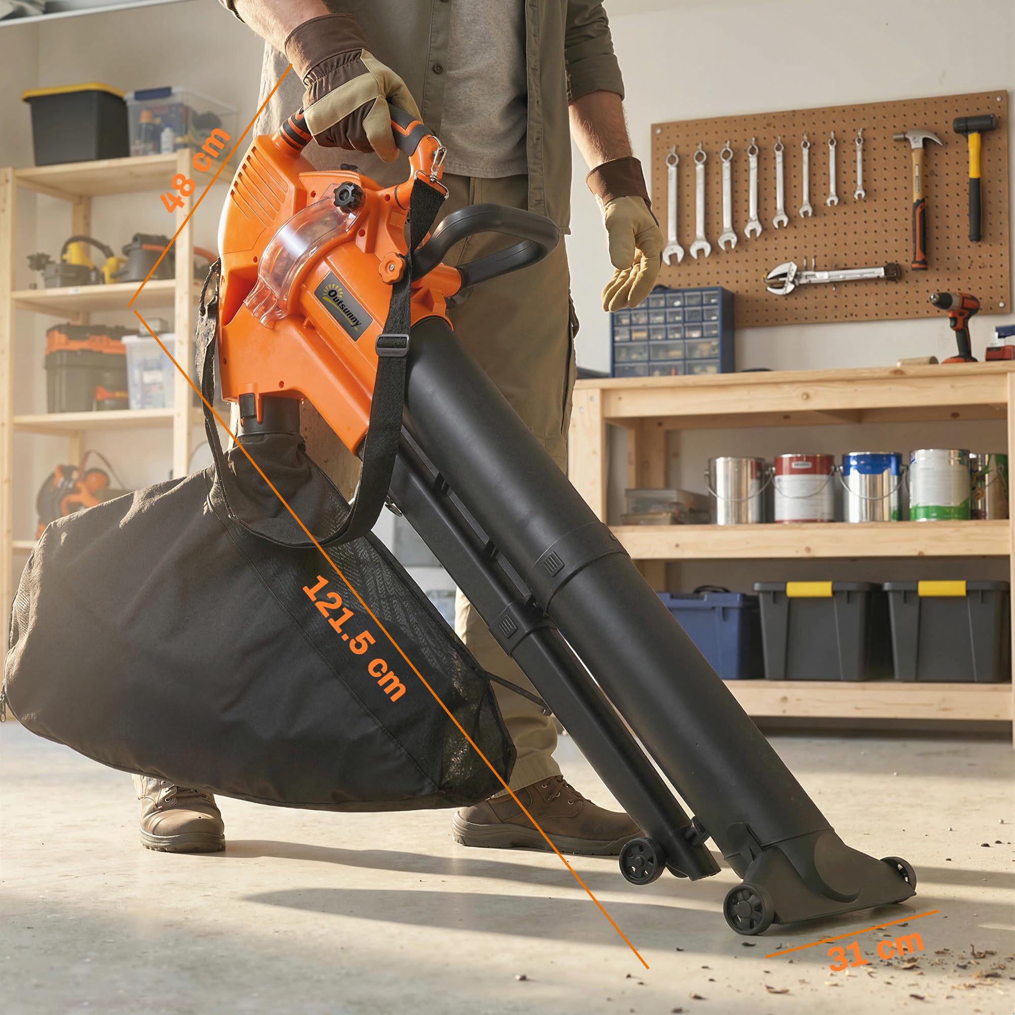 Outsunny Soffiatore e Aspiratore per Foglie 3-in-1 da 3000W con Trituratore, Sacco da 40L, 4 Ruote, Tracolla Regolabile, per Prati Vialetti e Terrazzi