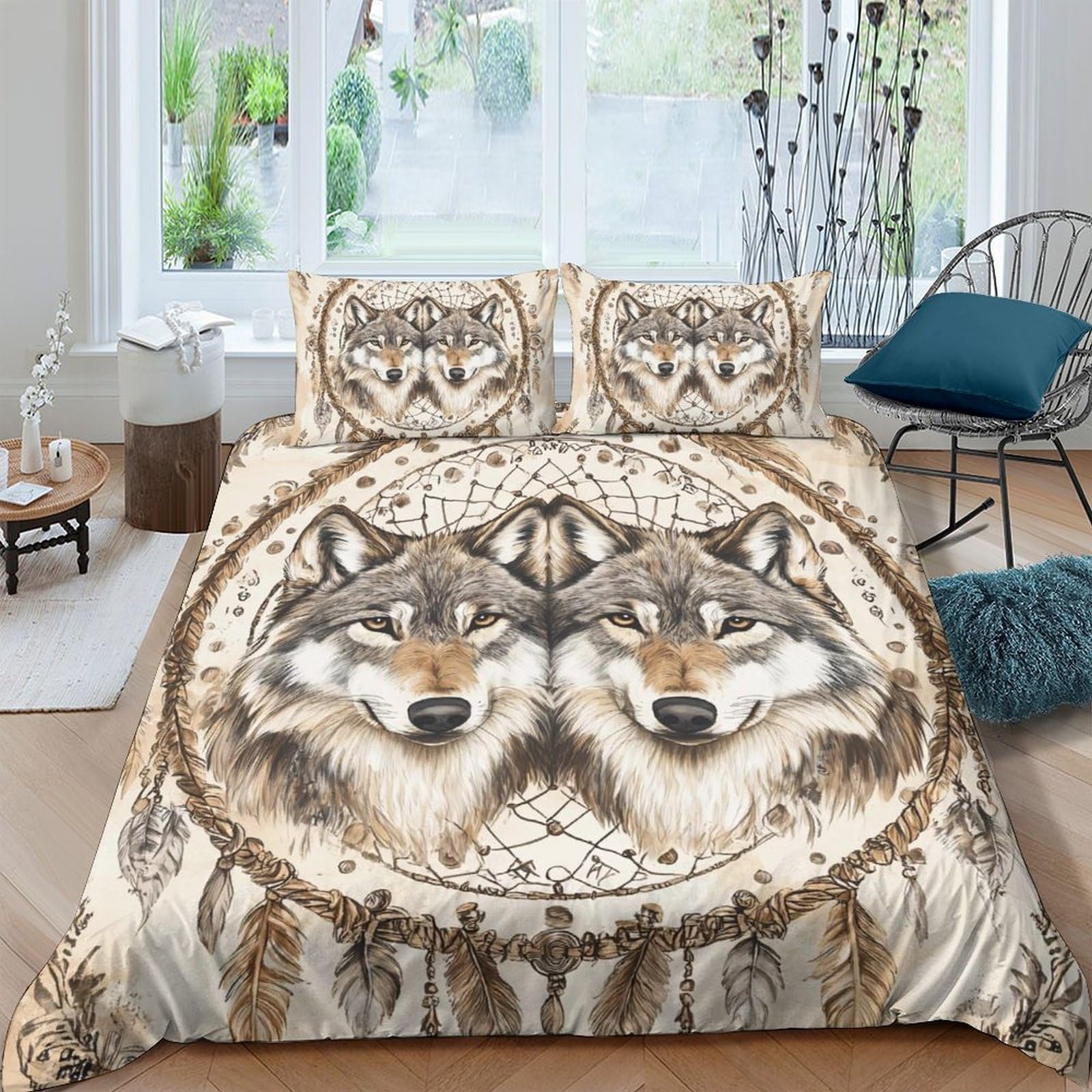 Ctjqhvkz Style-4 3D Printed Wolf Dream Catcher Fitted Sheet Microfiber Soft Breathable Forest Bed Cover For Bedroom Dorm Decor Single（135X200cm）