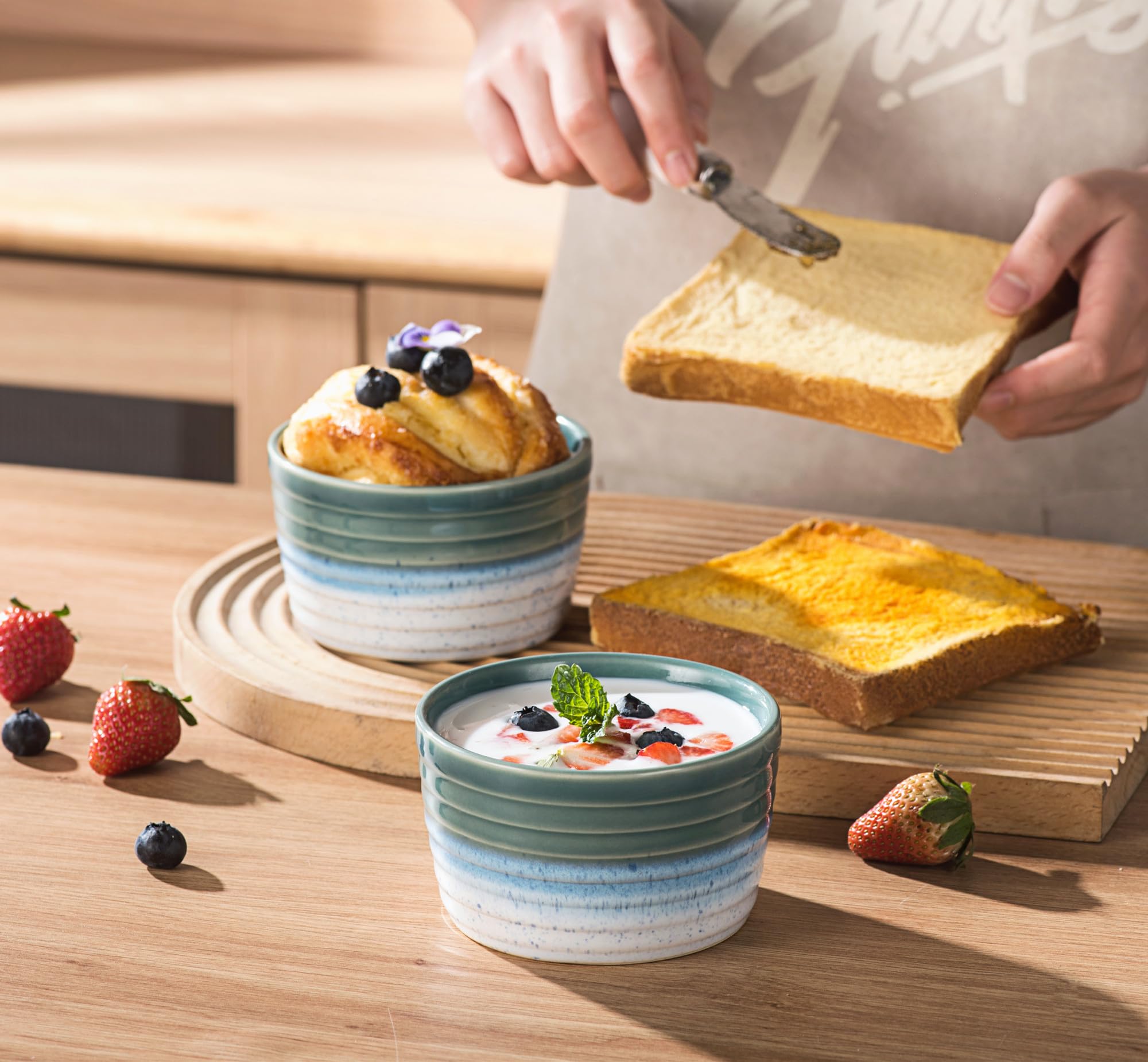 Pirottini Ceramica per Soufflé, Set di 2 Pirottini da Soufflé Grigio in Porcellana, Stampi per Muffin, Cupcake e Budini Glassa di Reazione