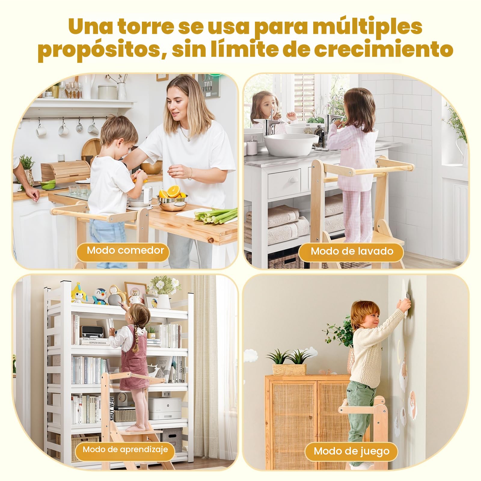 Torre de Aprendizaje Plegable, Torre de observación para niños de 1 a 5 años, Aprendizaje Montessori, ayudante de Cocina de Madera Natural, Segura y fácil de Montar (Capacidad de 50 kg)