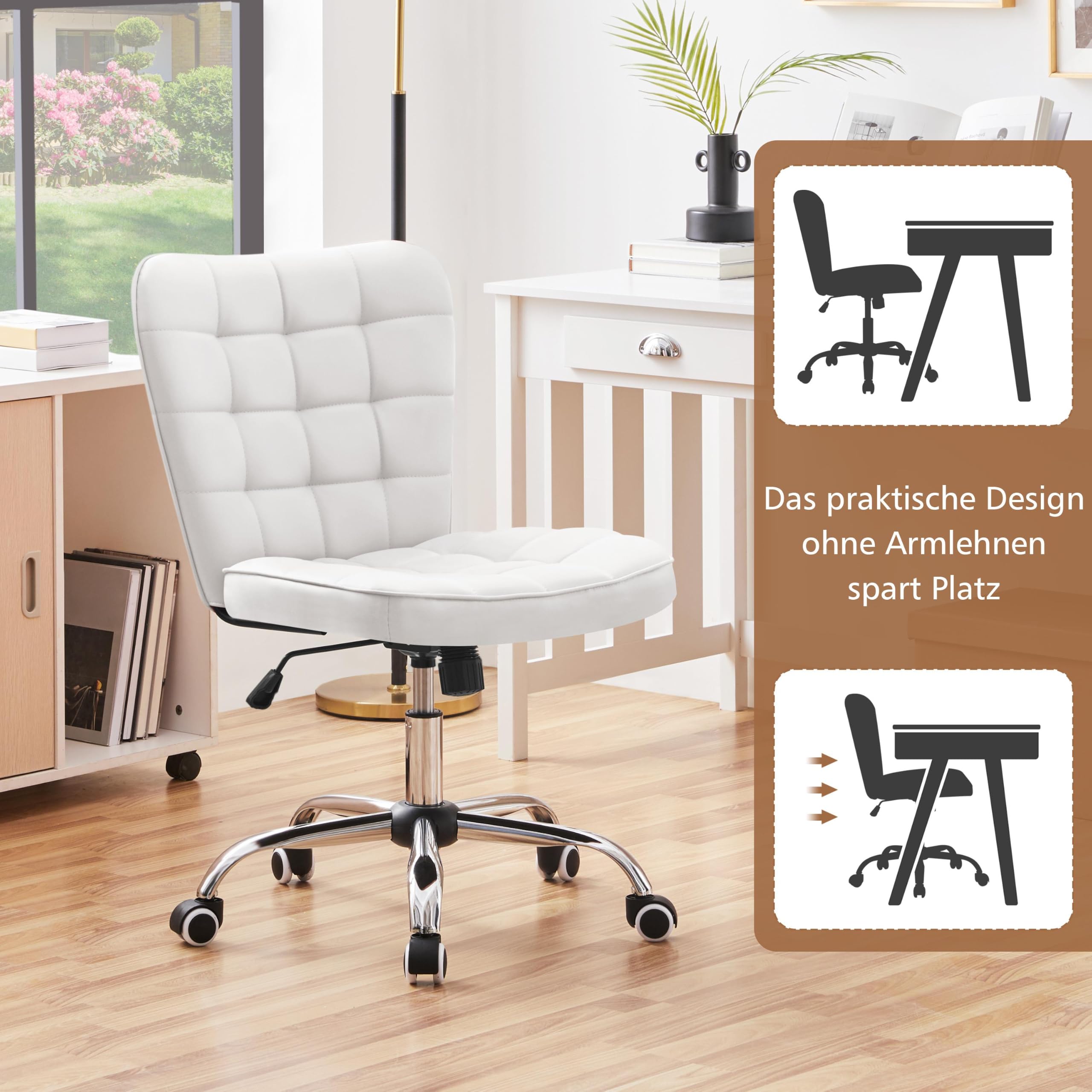 Yaheetech Homeoffice Stuhl, Drehstuhl ohne Armlehne Kunstleder, Weiß | Schreibtischstuhl, Schminkstuhl, höhenverstellbar Bürostuhl mit Wippfunktion, Polsterstuhl für Arbeitszimmer Schlafzimmer