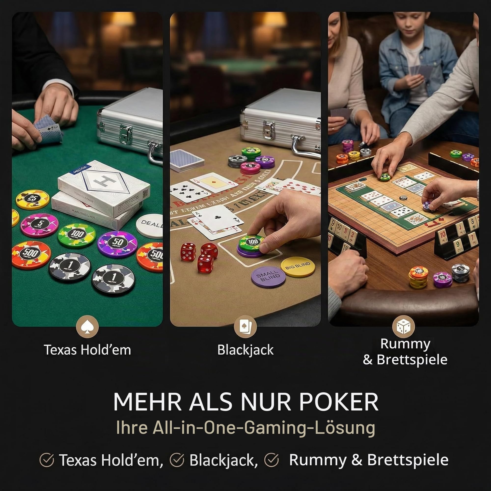 HEITOK Pokerkoffer 500 Chips 11.5g Eisenkern ohne Nennwert Texas Holdem Set | 2-10 Spieler, eigene Einsätze frei definieren, Blackjack, Karten, Würfel, Dealer und Small/Big Blind Buttons, Pokerrunden