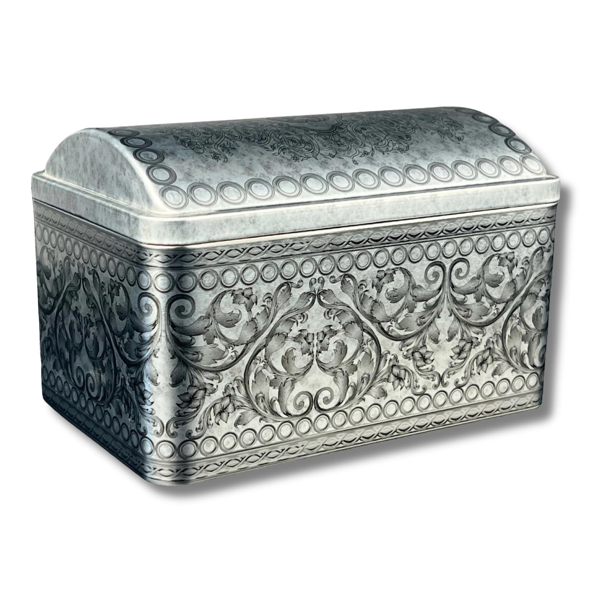 MediMuc Schatztruhe - wunderschöne kleine silberfarbene Nostalgiedose mit Ornamenten - Keksdose - Maße: (Länge x Breite x Höhe): 16,0 x 10,6 x 10,3cm - Volumen ca. 1,7L