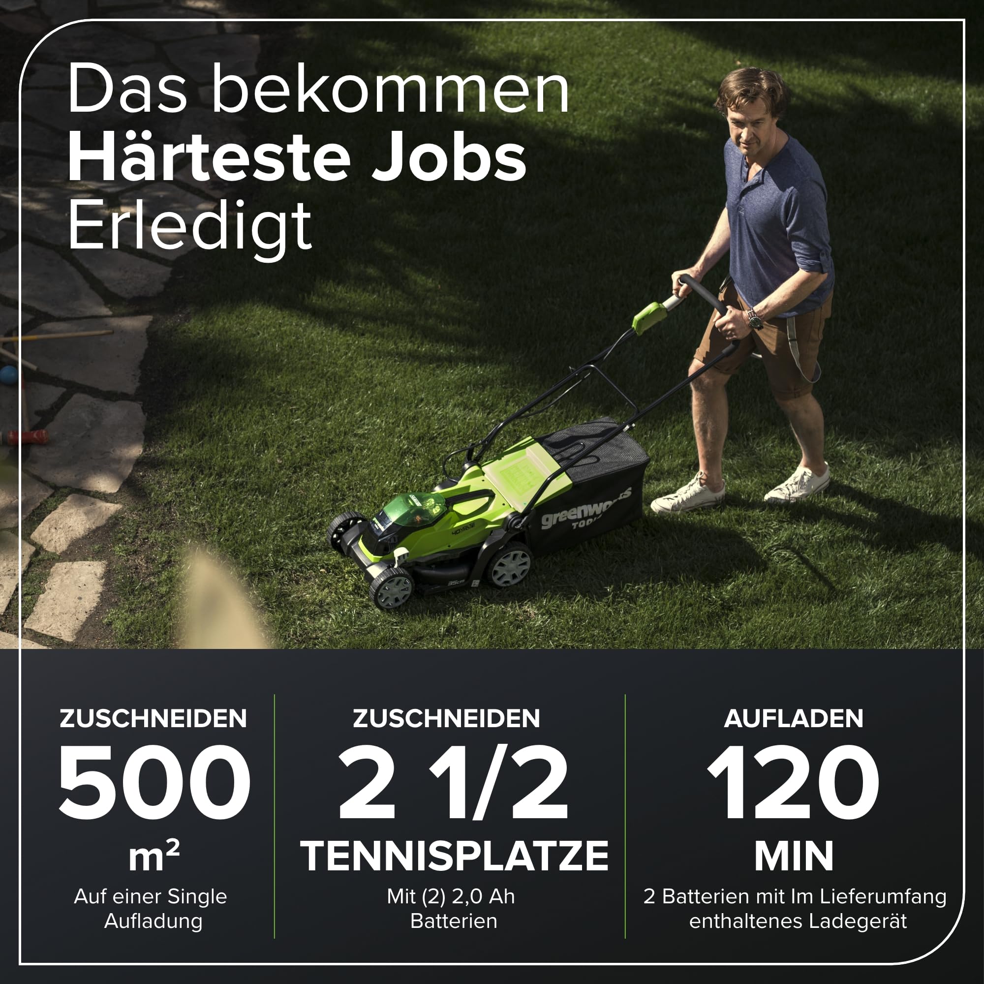 Greenworks G40LM35K2X Kosiarka Akumulatorowa do Trawników do 400m², Szerokość Koszenia 35cm, Torba 40L PLUS Dwie Baterie 40V 2Ah i Jedna Ładowarka