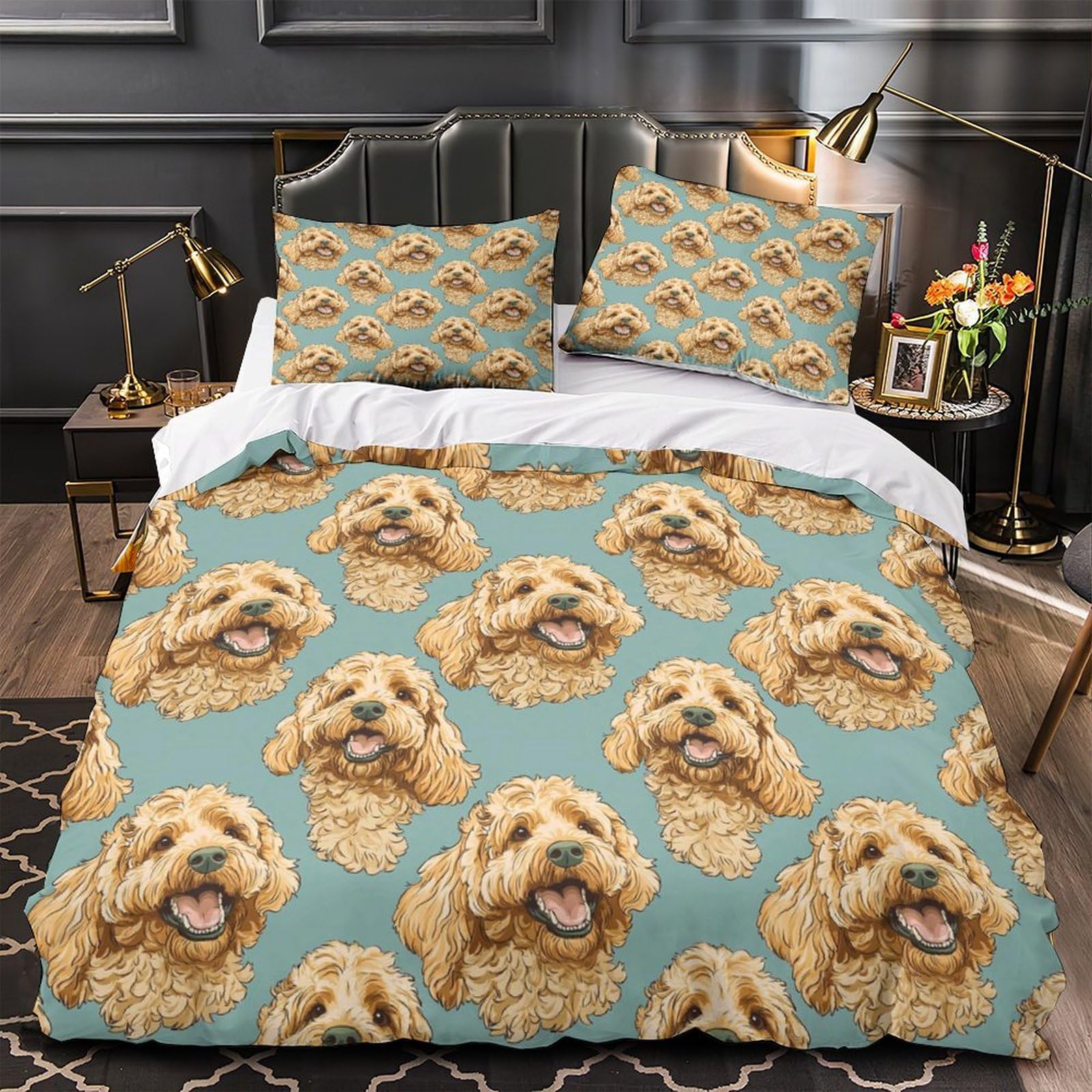Parure de lit motif chien mignon 140x200 avec housse de couette microfibre hypoallergénique ado