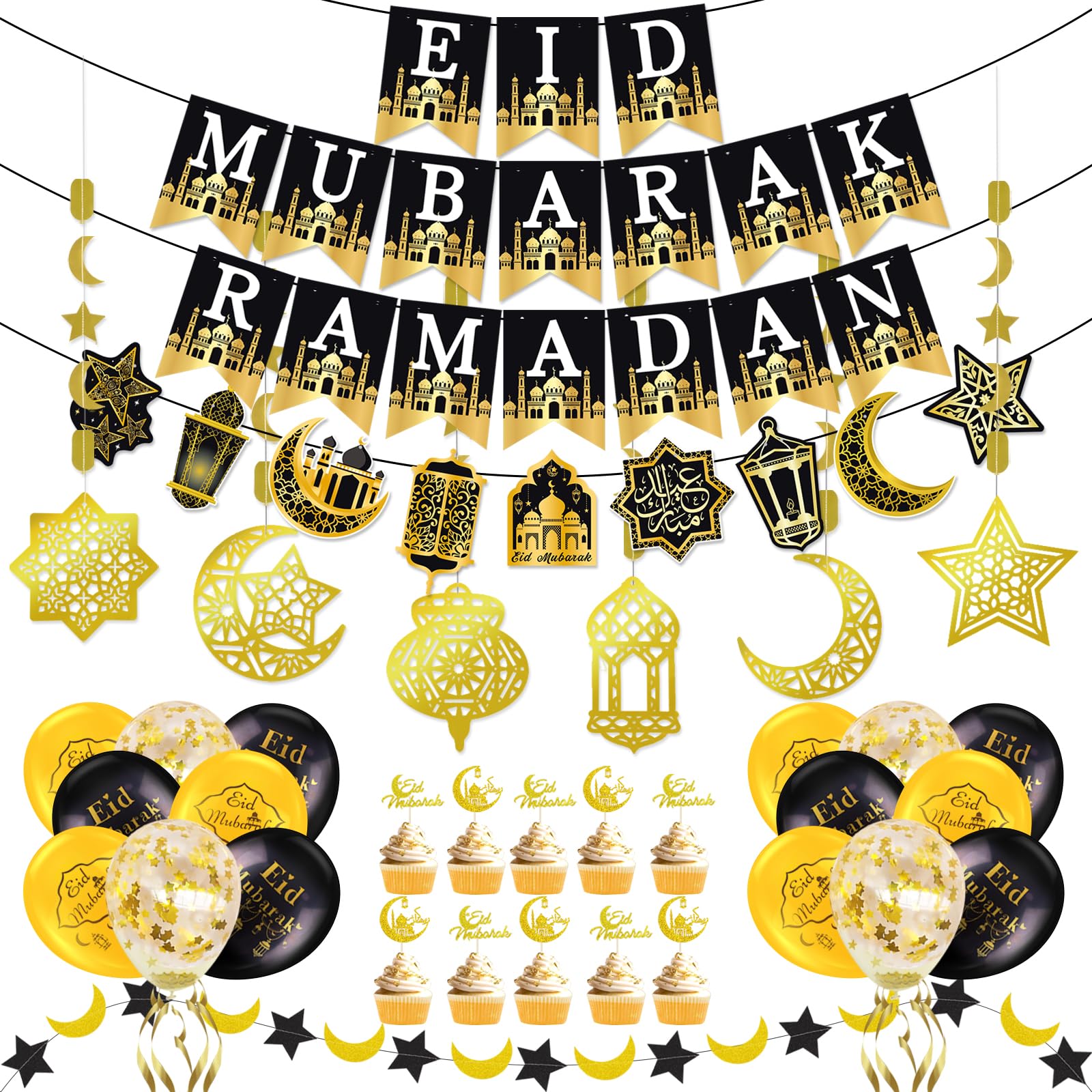 AhfuLife Eid Mubarak Decorations - Preassembled Eid Mubarak Banners, Ramadan Decorations for Home with 16 Pcs Balloons, 6 PCS Islamic Star Moon