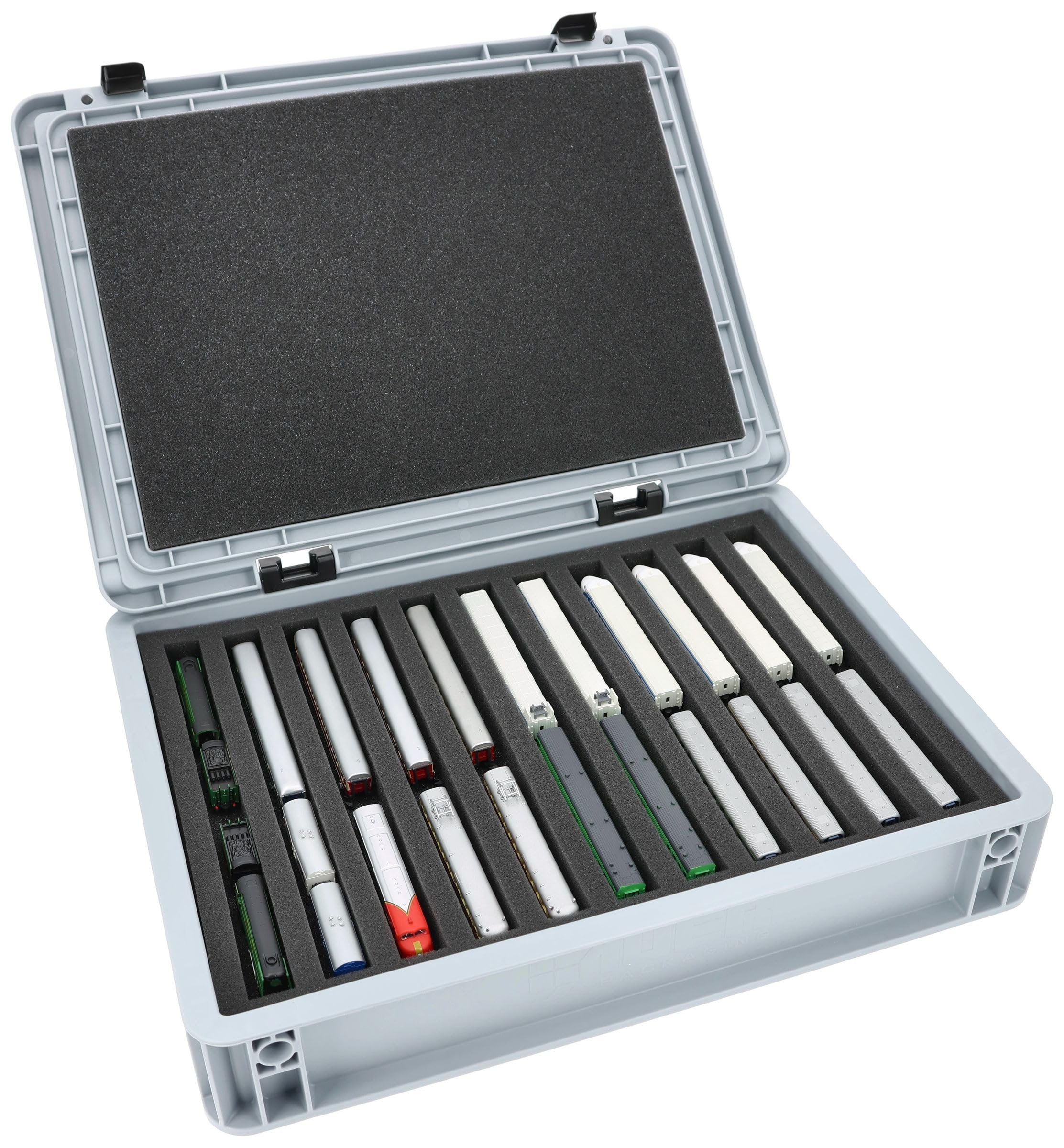 Feldherr Eurobox 40 x 30 cm Set für Modelleisenbahnen - Spur Z - 11 Fächer - Schaumstoffeinlage für stehende Aufbewahrung - kompakte Transportlösung für Loks und Waggons
