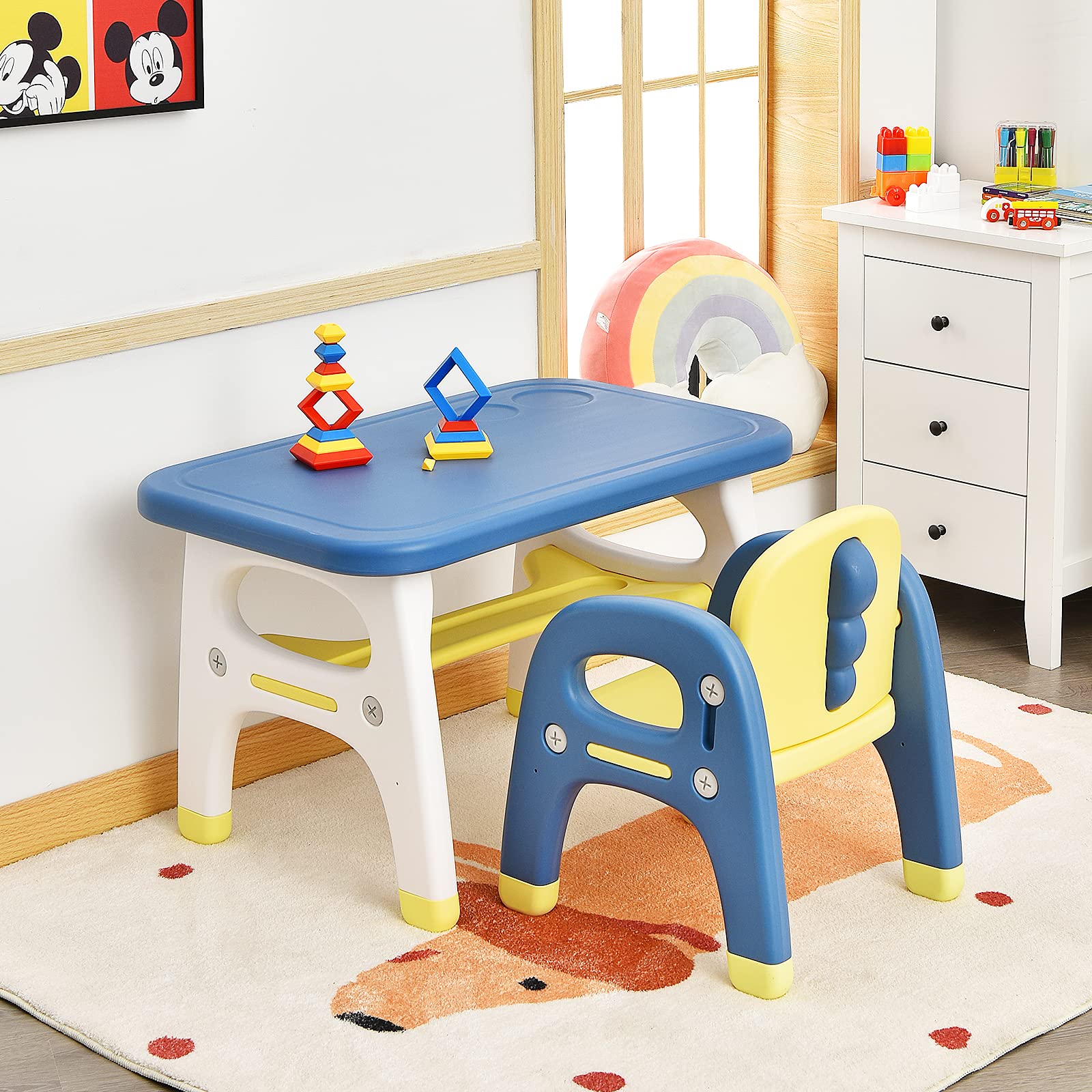 RELAX4LIFE Set Tavolo e Sedia per Bambini, Sedia a Forma di Dinosauro, Inclusi 3 Set di Costruzioni, Carico 30 kg (Blu)