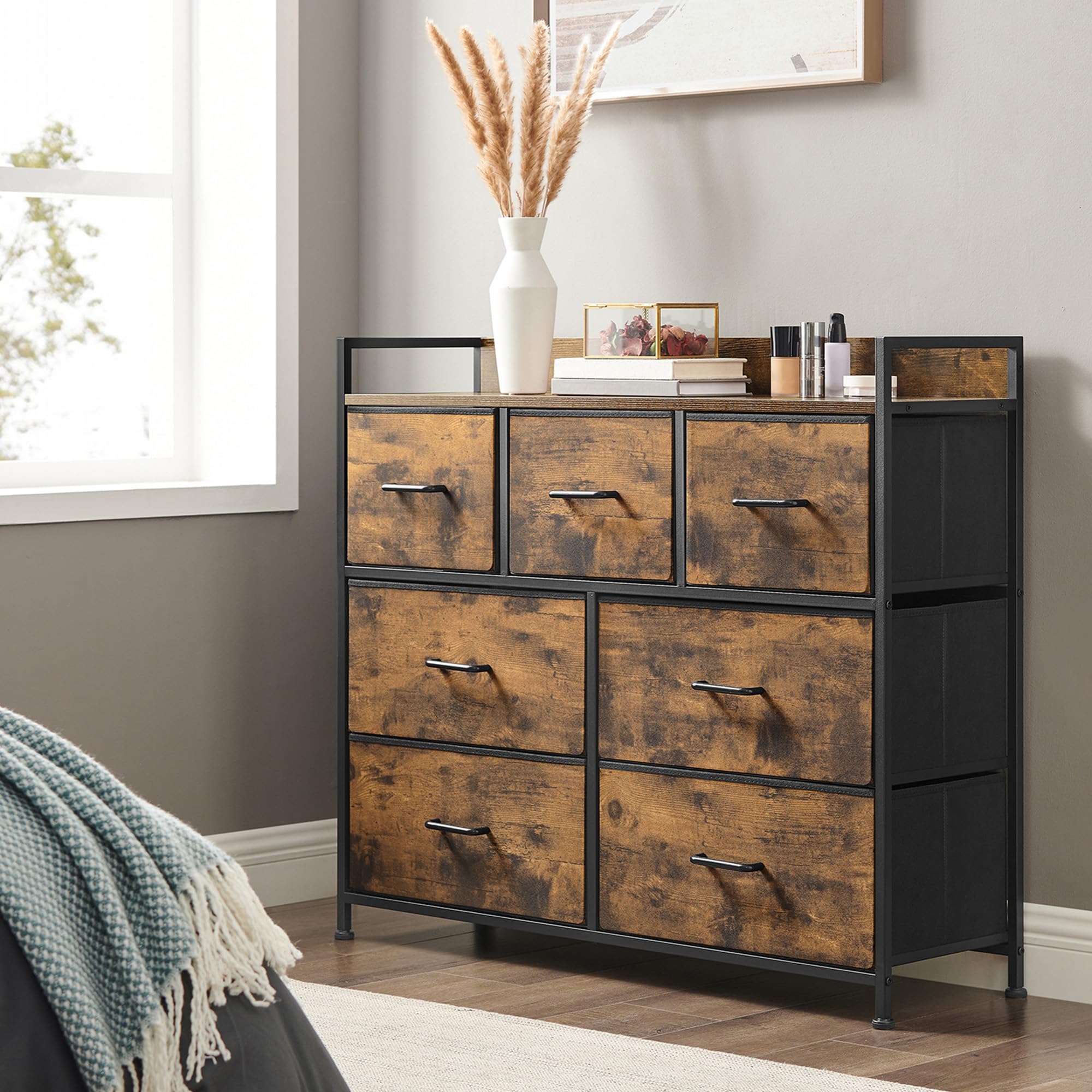 Chest of Drawers, Bedroom Cabinet, 7 Fabric Drawers with Handles, Metal Frame, Rustic Brown and Ink Black LTS137B01