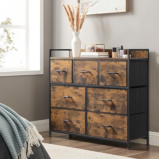SONGMICS Chest of Drawers, Bedroom Cabinet, 7 Fabric Drawers with Handles, Metal Frame, Rustic Brown and Ink Black LTS137B01