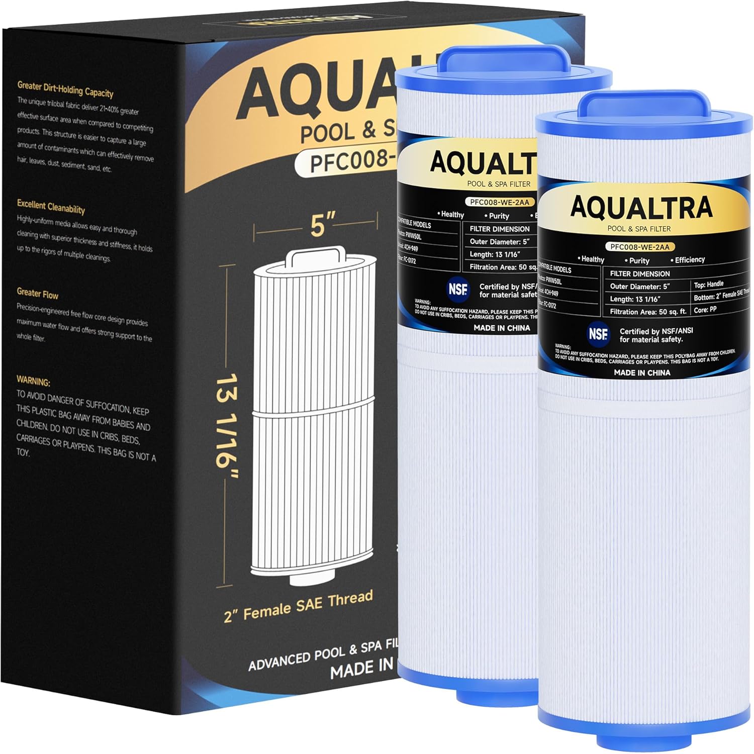 AQUALTRA Spa Filter Compatible with PWW50L, 4CH-949, FC-0172, SD-01143, Waterway 817-4050, Dynasty Rising Dragon 50, SC757, FD2007, 5" x 13 1/16" Screw in Hot Tub Filter 2 Pack (White)