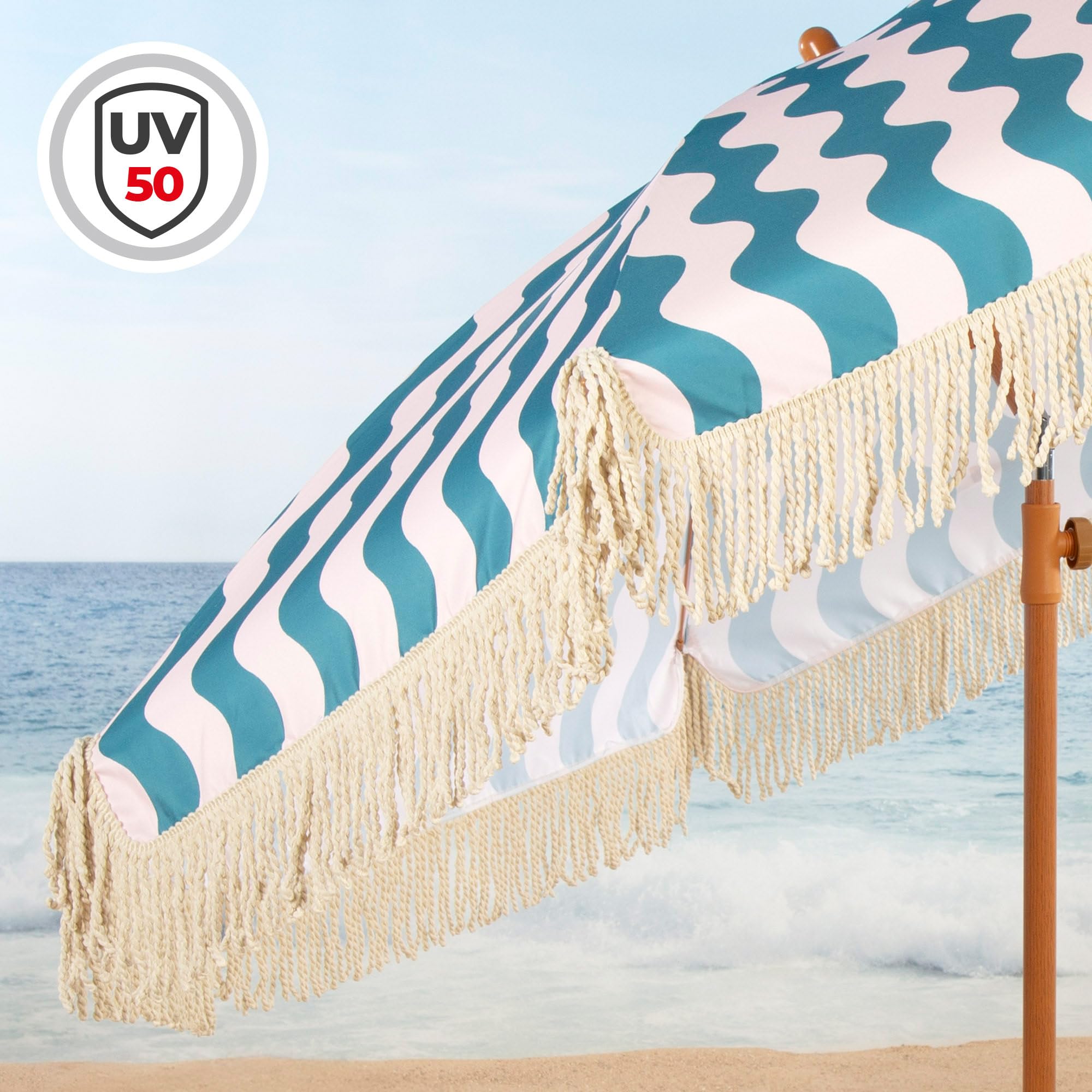 AKTIVE Parasol de plage, diamètre 200 cm, style rétro avec franges, 8 baleines, protection UV50, polyester, mât en acier effet bois 28/32 mm, housse de transport avec bandoulière incluse (62479)