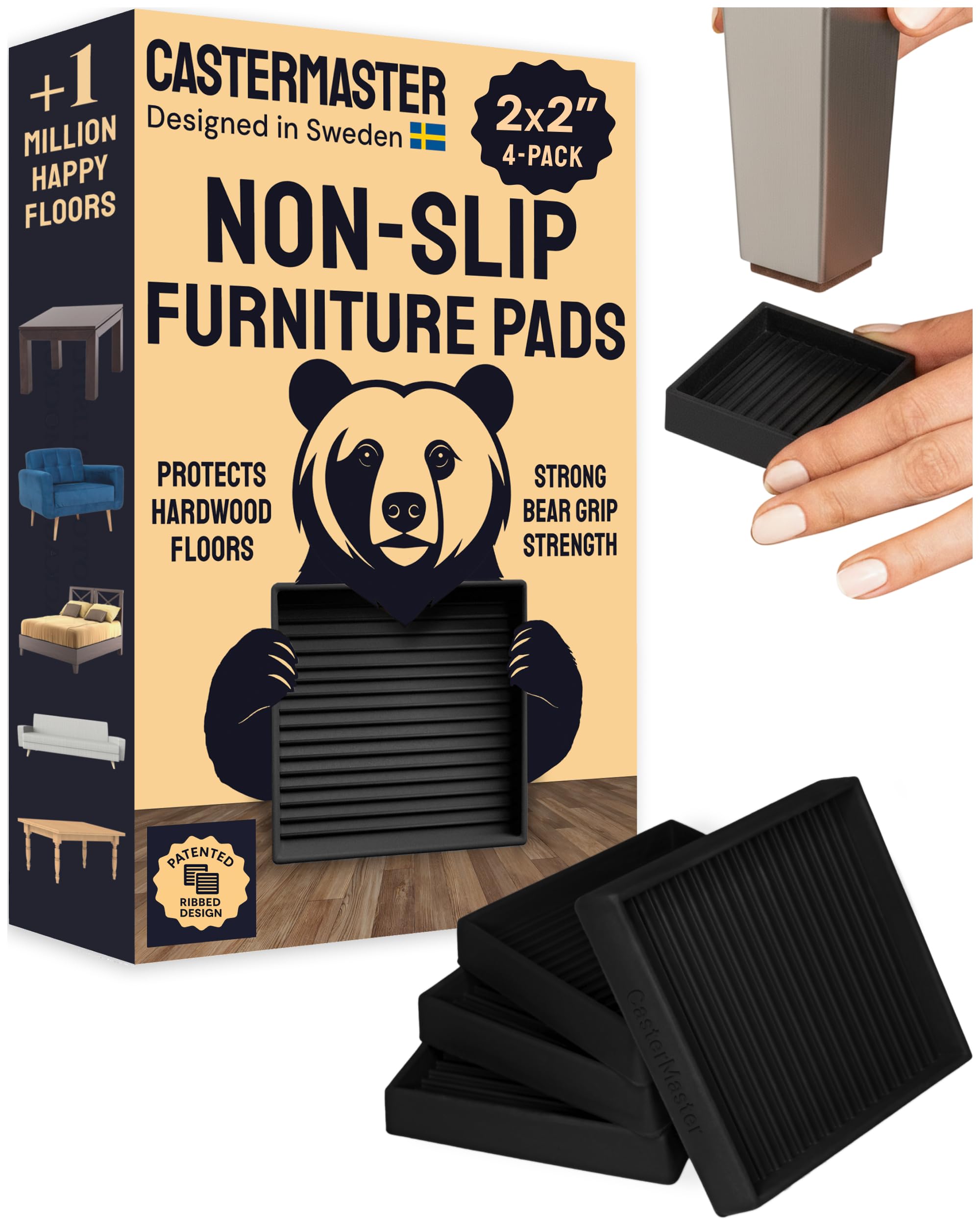 CasterMaster Anti Slip Furniture Pads & Caster Cups - 2" x 2" Black (Pack of 4) - Couch Leg Floor Protectors for Hardwood, Tile & Vinyl Floors - Rubber Feet & Floor Protectors for Chairs
