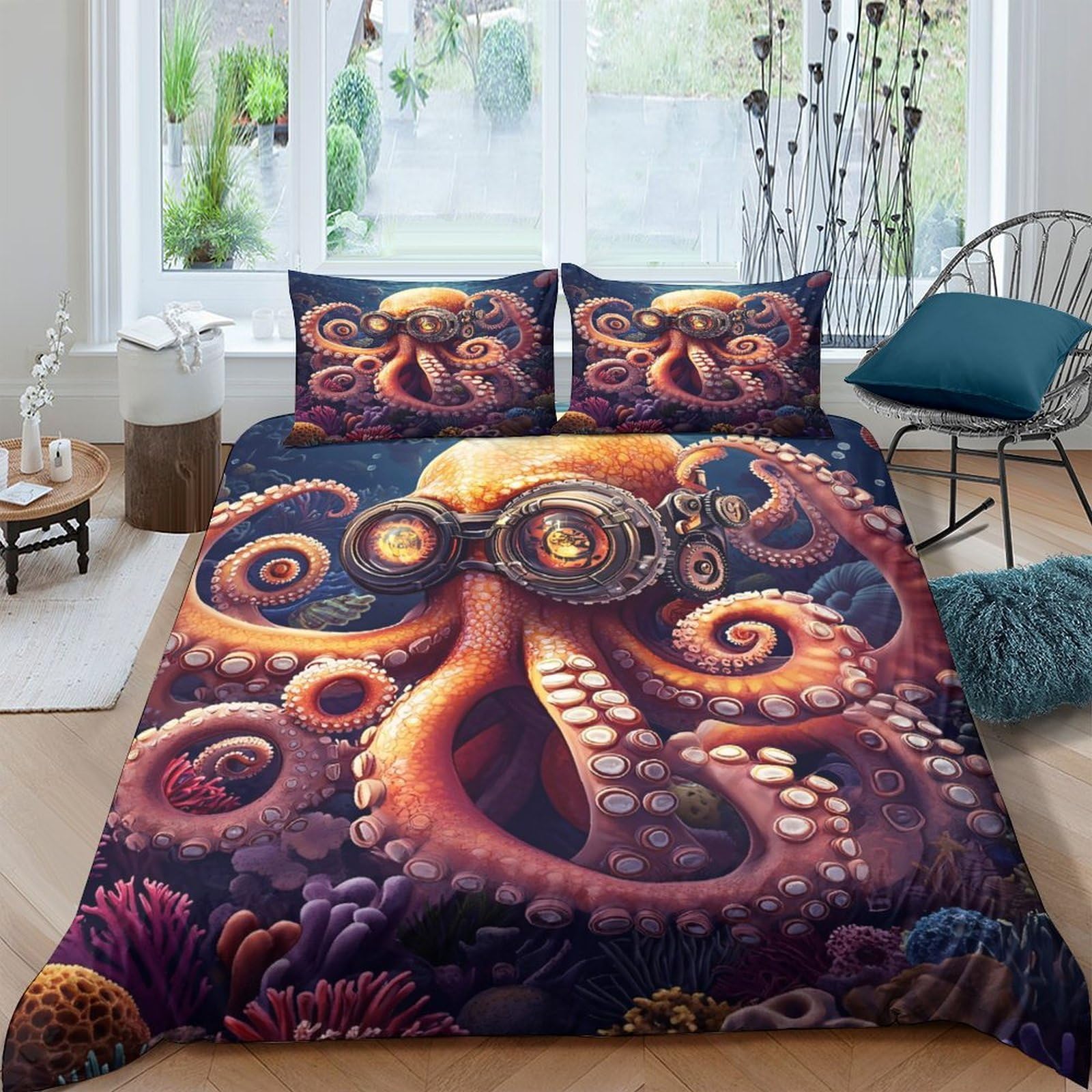 Ctjqhvkz Style-10 3D Printed Octopus Ocean Fitted Sheet Microfiber Soft Mattress Cover Deep Sea Bed Sheet For Bedroom Decor Single（135X200cm）
