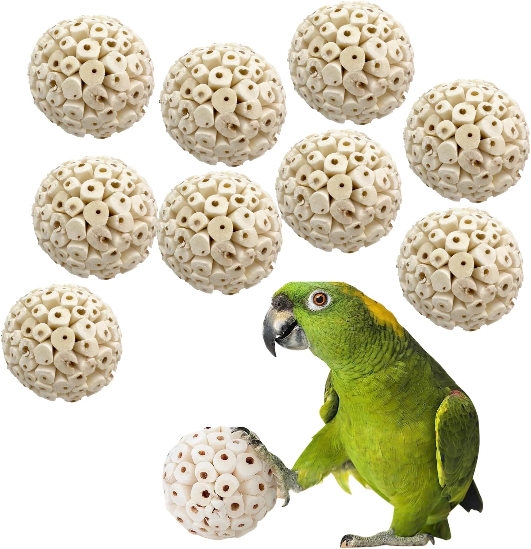 Natural Sola Wood Atta Ball Birds Foraging Toys for Cockatiels, Parrots, Budgies, Conures | 6 cm | Pack of 10 Pcs (Standard)