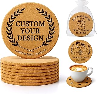 Custom Coasters | Personalized Cork Coasters Engraved with Logo or Text | 30–500 Pcs Bulk Packs | Non-Slip, Heat-Resistant | Wedding, Anniversary, Housewarming & Birthday Gifts (Round)