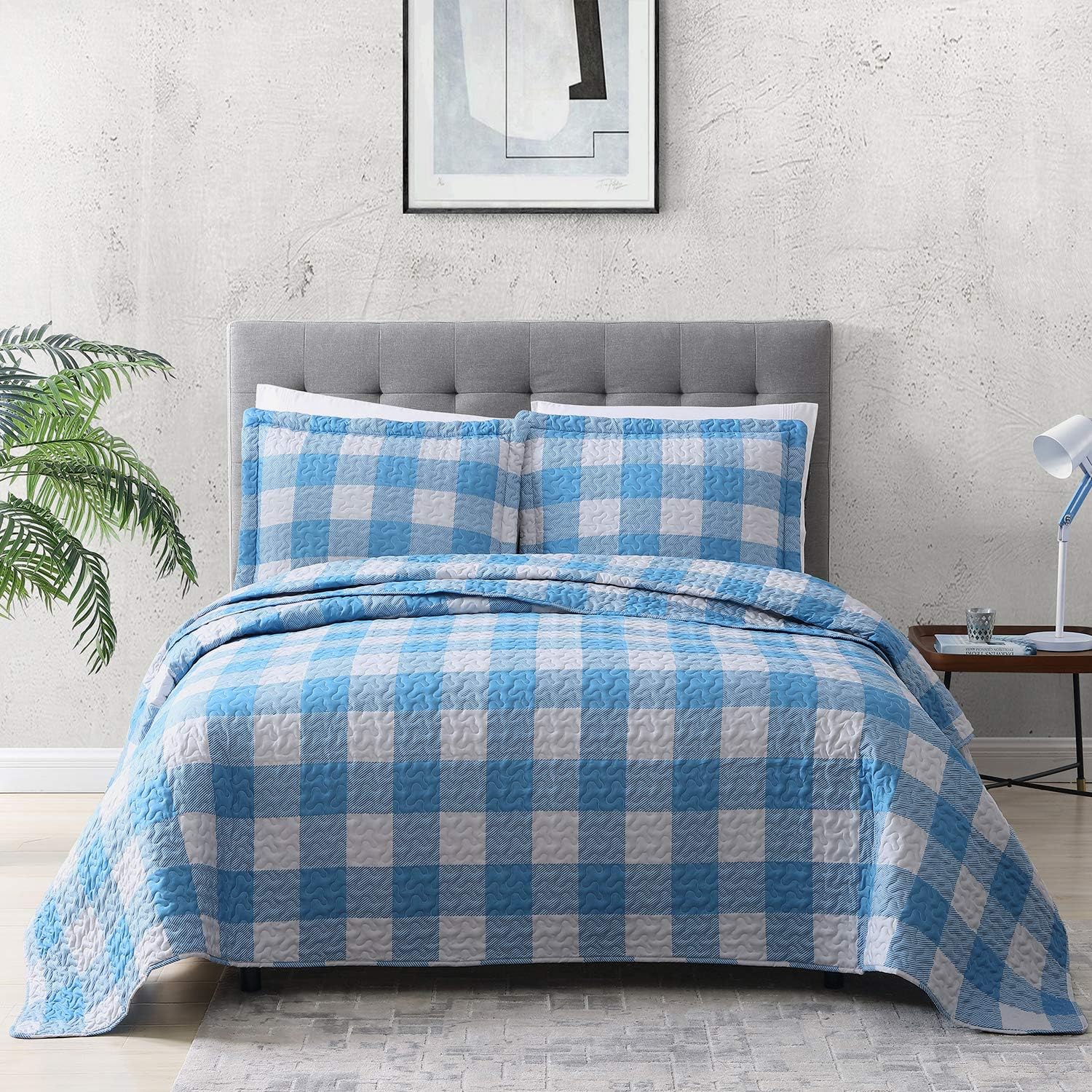 EXQ Home Quilt Set King Size 3 Piece,Lightweight Microfiber Coverlet Modern Style Blue Squares Pattern Bedspread Set(1 Quilt,2 Pillow Shams)