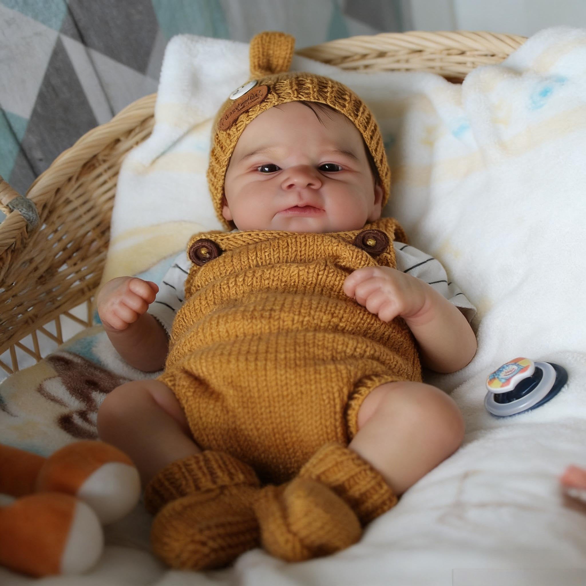 RXDOLL Reborn Baby Junge Offene Augen Vollsilikon Lebensecht, 43 cm Silikon Baby Puppe, Reborn Puppen Lebensecht, Lebensechte Babypuppen Junge Mit Zubehör