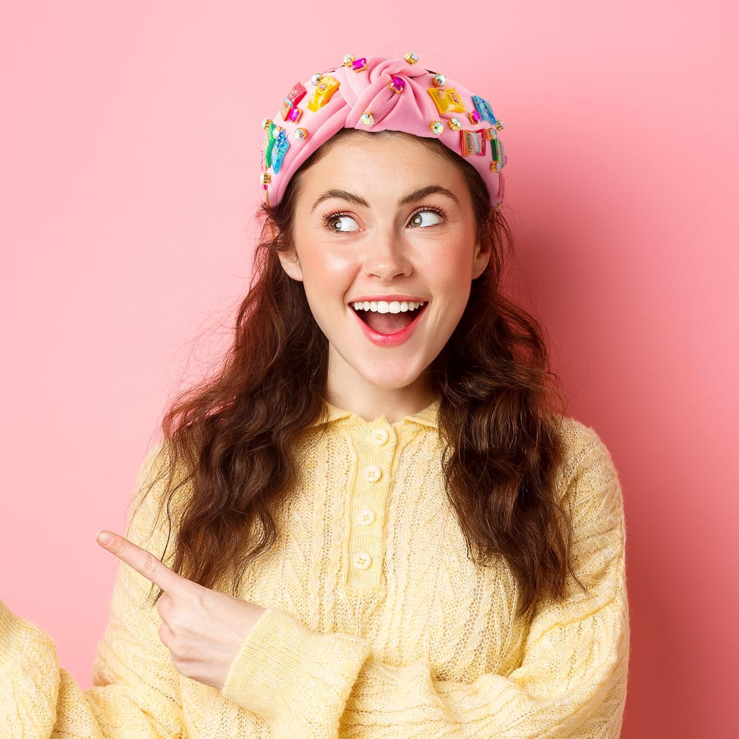 Snacks Rhinestone Jeweled Knotted Headband for Women, Funny Chips Embellished Preppy Hairband Non Slip Headband Pink Hair Accessories Birthday Gift for Girls - Image 4