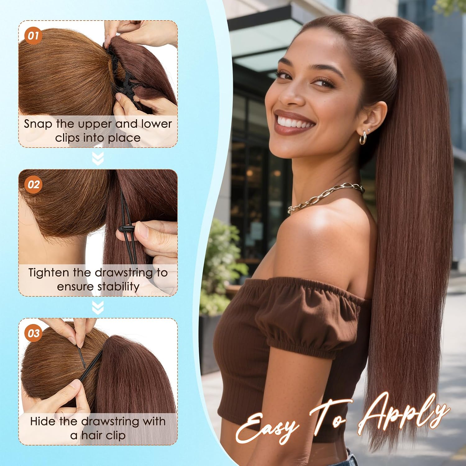 S-noilite Long Yaki Straight Ponytail Extension for Black Women 24 inch Drawstring Wrap Around Yaki Ponytails Natural Black Thick Kinky Straight Pony Tail Hair Extensions(Natural Black)