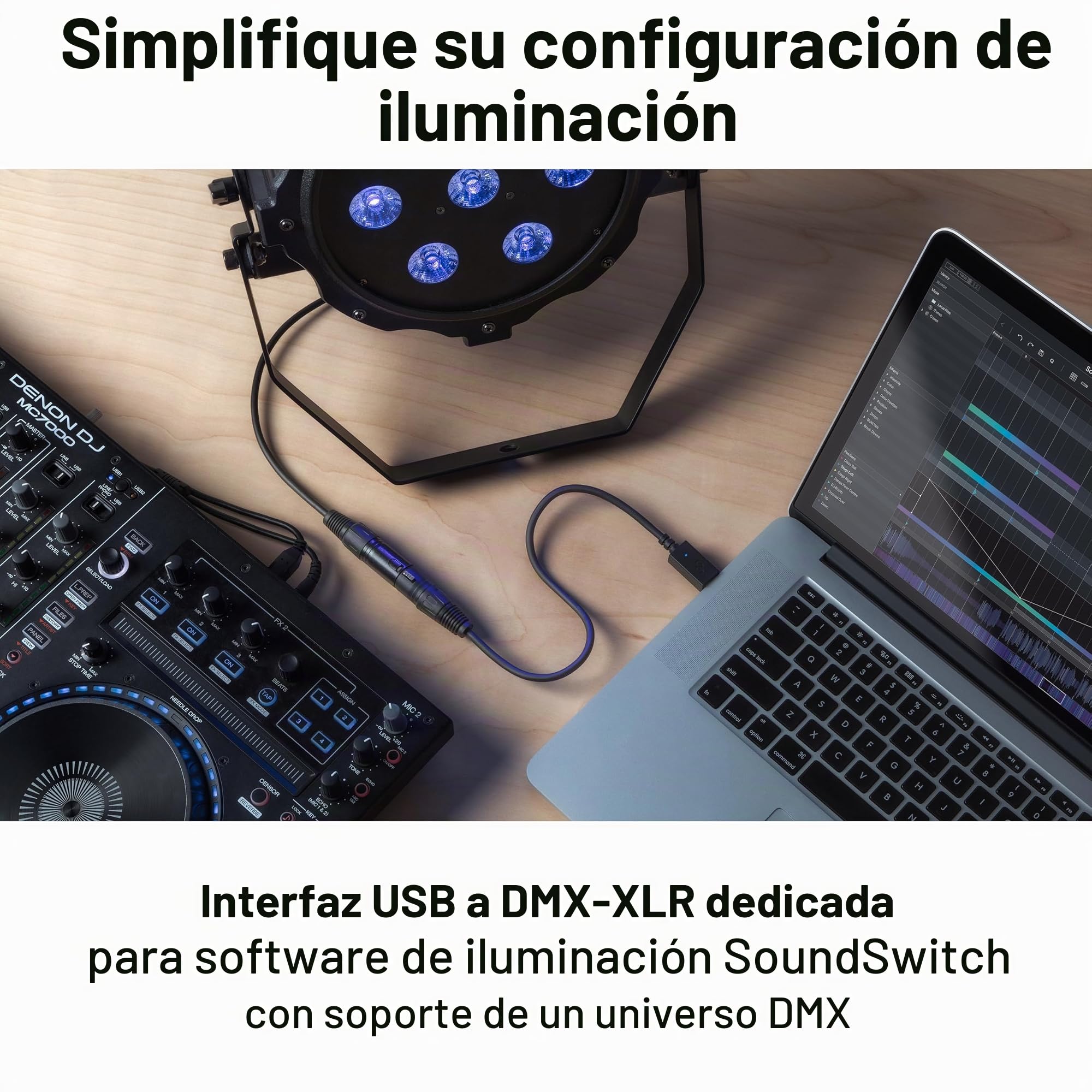 Denon DJ SC LIVE 4 - Controlador DJ autónomo, mezclador 4 canales, streaming de Amazon Music & SoundSwitch DMX Micro Interface - interfaz de USB a DMX ultra compacta