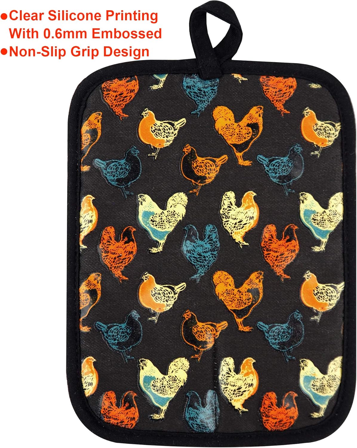 Pot Holders Set of 2 Heat Resistant 480 ℉Non Slip Clear Silicone Printed Comfortable Cotton Lining Kitchen Women Men Cooking Baking Microwave Machine Washable (Rooster, Black Potholders) - Image 4