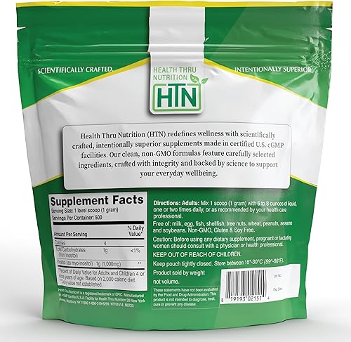 Miniatura 4 de Health Thru Nutrition Polvo de inositol  17.64 oz de polvo puro como mio-inositol  1,000 mg (0.04 oz) por cucharada  Incluido  Sin sabor, vegano,