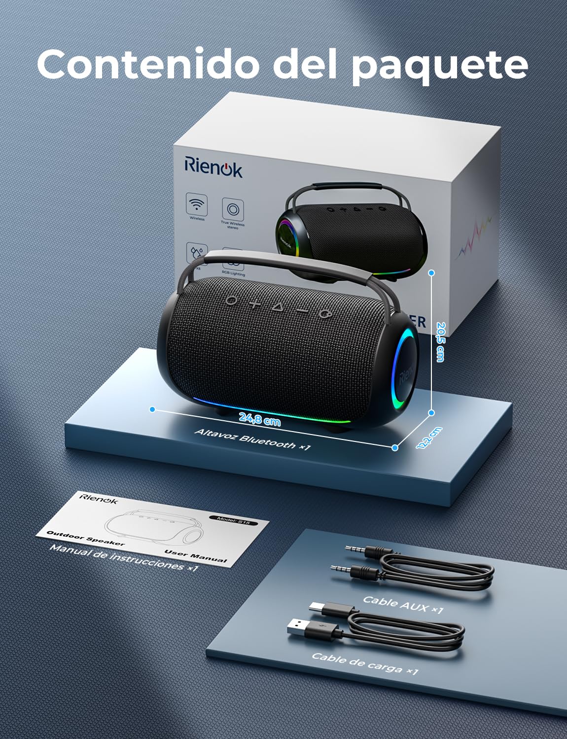 RIENOK Altavoz Bluetooth Potente 80W Portátil 30H Impermeable IPX6 con Luces RGB Bluetooth 5.3 Inalámbrica Emparejamiento Estéreo Apoya 128G Tarjeta TF, AUX, Memoria USB
