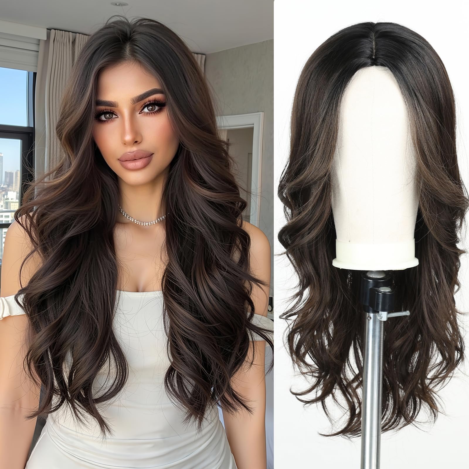 Esmee Long Wavy Black Brown Wigs for Women Natural Synthetic Hair Wig for Daily & Party Use, Black Brown 6352-1, 26 pollici