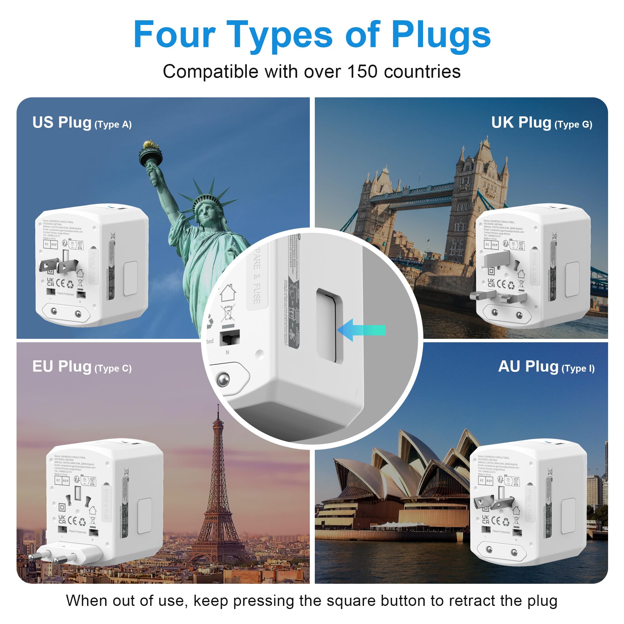 Adaptateur Prise Universelle Voyage International - 5 in1 Travel Adapter Internationale avec 2 USB 2 Type C et 1 AC Universel France vers UK USA Australie Thailande Japon Yioihnm