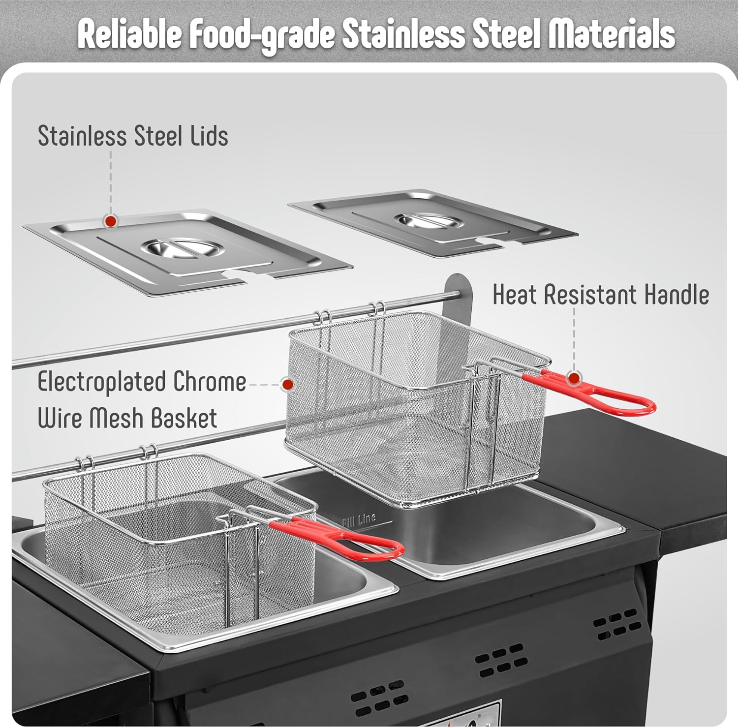 Close-up of Feasto Deep Fryer components: stainless steel lids, electroplated chrome wire mesh baskets, and heat resistant handles.