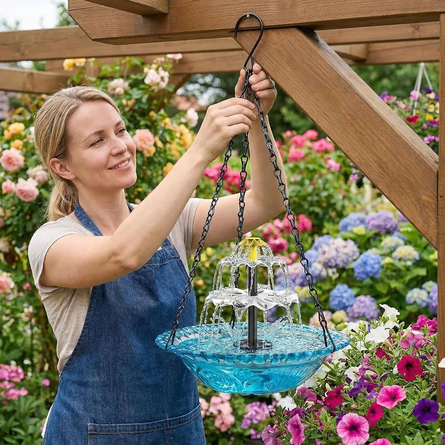 Hanging Bird Bath with Solar Fountain, Solar Cascade Hanging Bird Bath Fountain, Birdbath Bubbler with Solars Pump & Glass Bowl, Hummingbird Water Fountain, for Outdoors, Garden, Patio Decor (Pink)