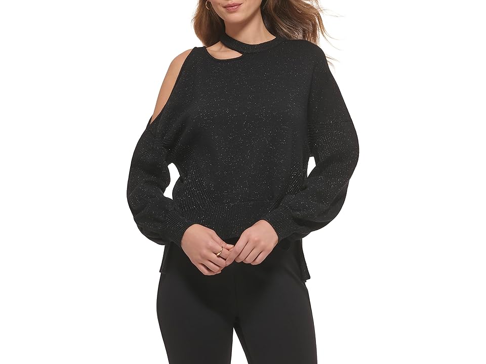 DKNY Long Sleeve Asymmetrical Cutout Sweater (Black) Women's Clothing INTERNATIONAL SHIPPING